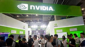 Nvidia's booth at a trade show in Hangzhou, China in October 2023. Photo by FeatureChina via AP.