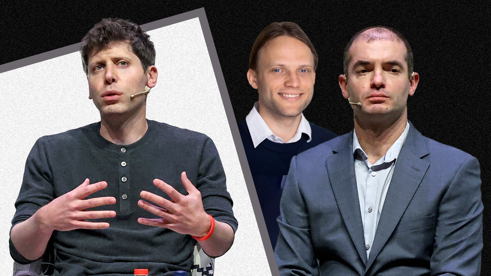 OpenAI's Sam Altman and recently departed Jan Leike and Ilya Sutskever. Photos via Getty and YouTube/Towards Data Science.
