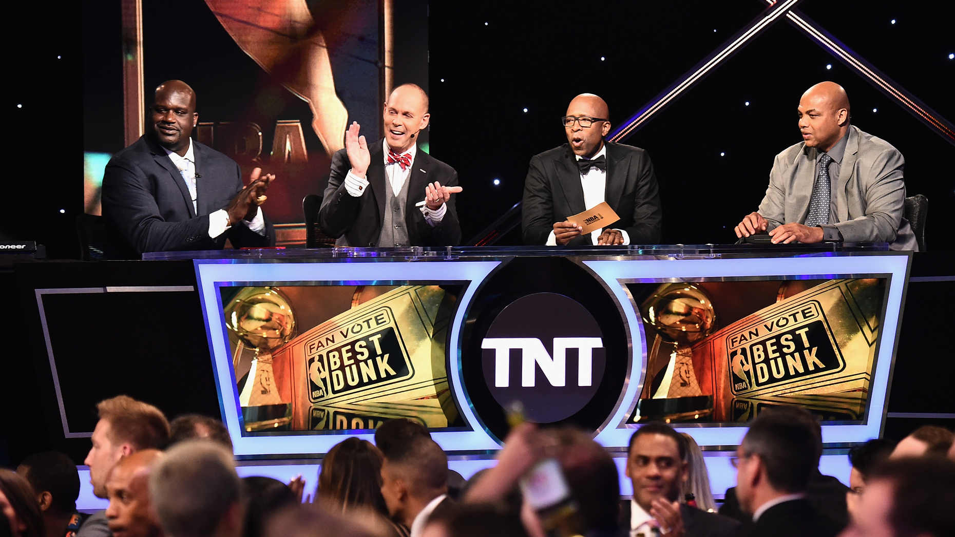 Left to right: Shaquille O'Neal, Ernie Johnson, Kenny Smith, and Charles Barkley. Photo by Michael Loccisano/Getty Images.