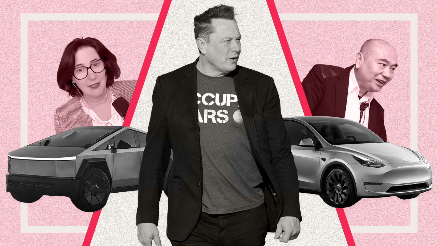 Elon Musk with Tesla influencers Alexandra Merz (left) and Leo Koguan (right). Photos via Getty Images, YouTube and the Peking University Education Foundation