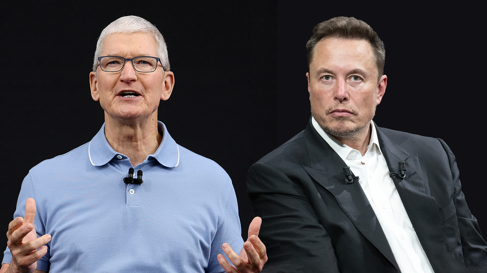 Tim Cook and Elon Musk. Photos via Shutterstock and Getty Images.