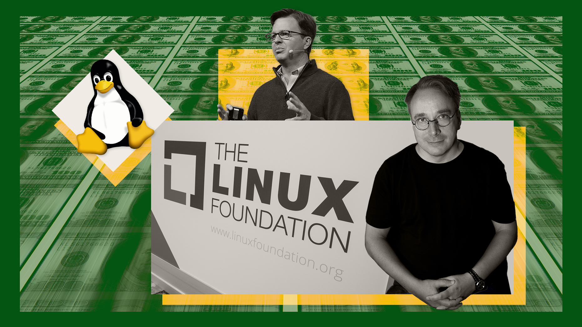 Tux the Linux Penguin, Jim Zemlin and Linus Torvalds. Photos via Getty Images and the Linux Foundation