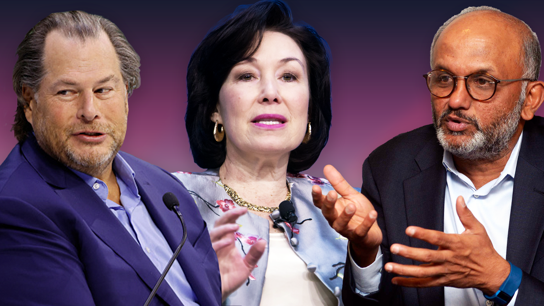 From left: Marc Benioff, Safra Catz and Shantanu Narayen. Photos by Getty 