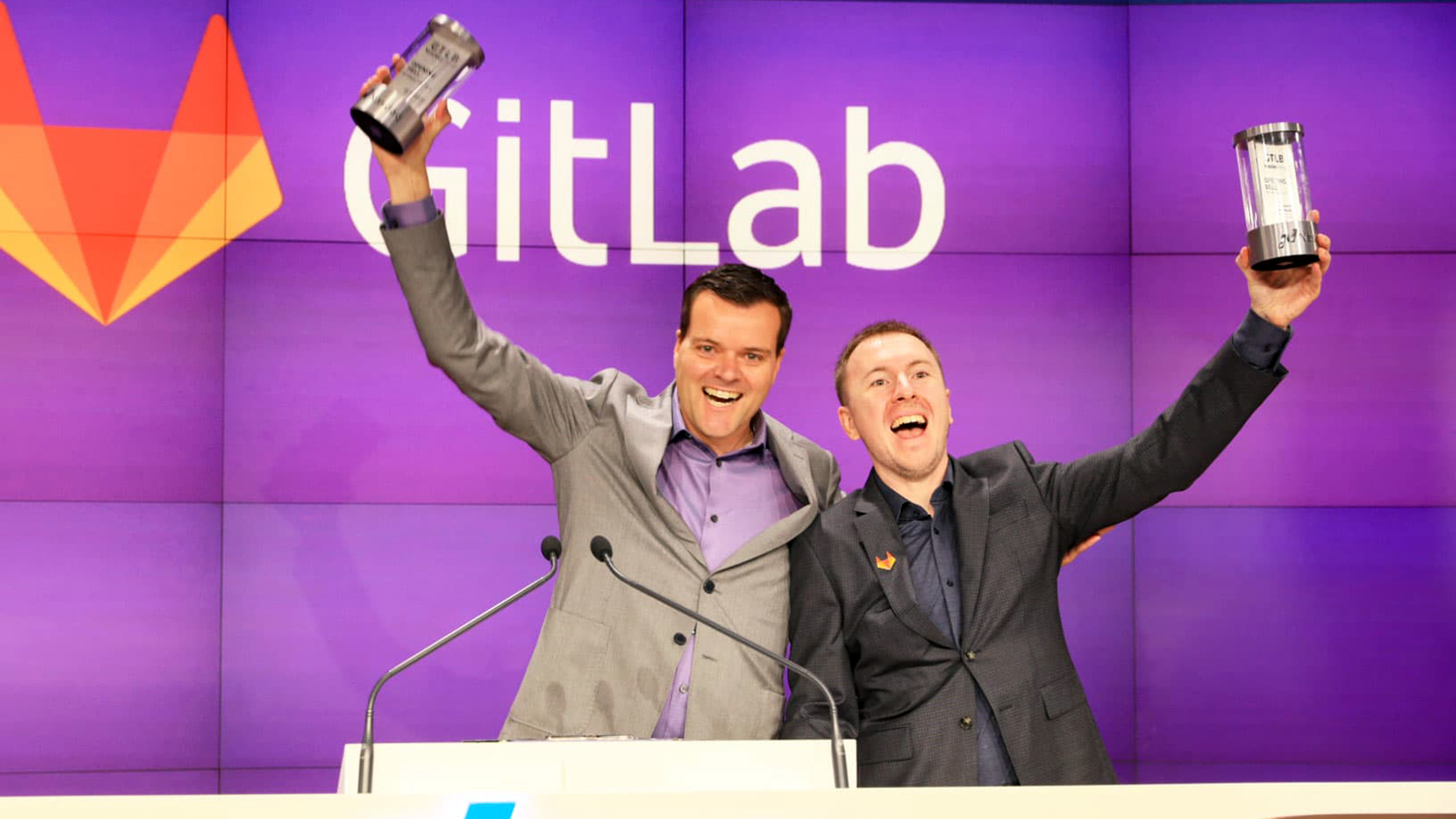 GitLab co-founders Sid Sijbrandij (left) and Dmitriy Zaporozhets at the company's IPO in 2021. Photo via Nasdaq