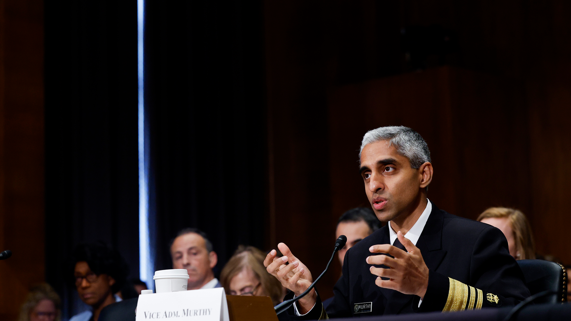 U.S. Surgeon General Vivek Murthy speaking at a hearing on youth and mental health last June. Photo by Anna Moneymaker/Getty Images.