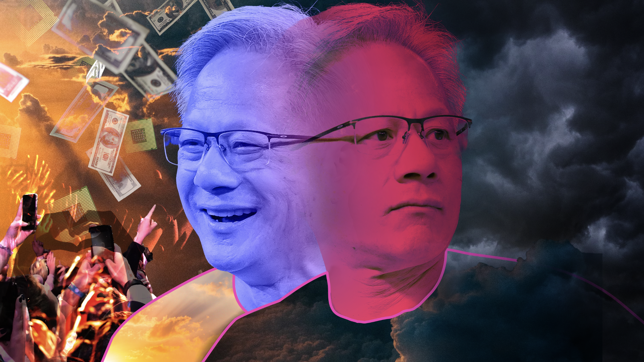 Nvidia CEO Jensen Huang. Illustration by Clark Miller; Huang photos via Getty Images.