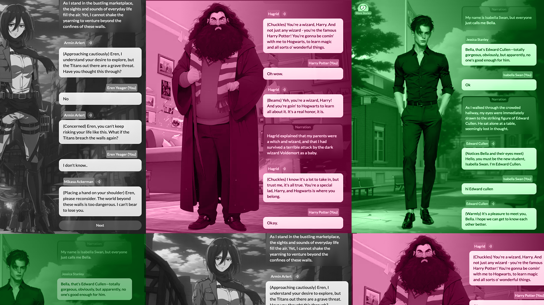 Screenshots from Ohai's character roleplay interface.