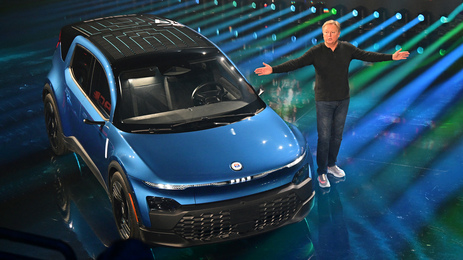 Fisker CEO Henrik Fisker introduces the Fisker Pear hatchback in August. Photo: Frederic J. Brown/AFP