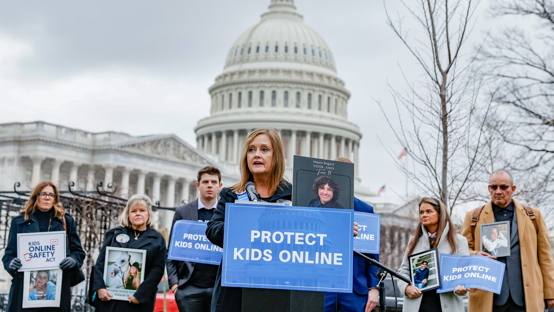 The mother of a child who died doing an internet challenge speaks during a rally to hold tech and social media companies accountable for taking steps to protect kids and teens online on January 31 in Washington, D.C. Photo by Jemal Countess/Getty Images.