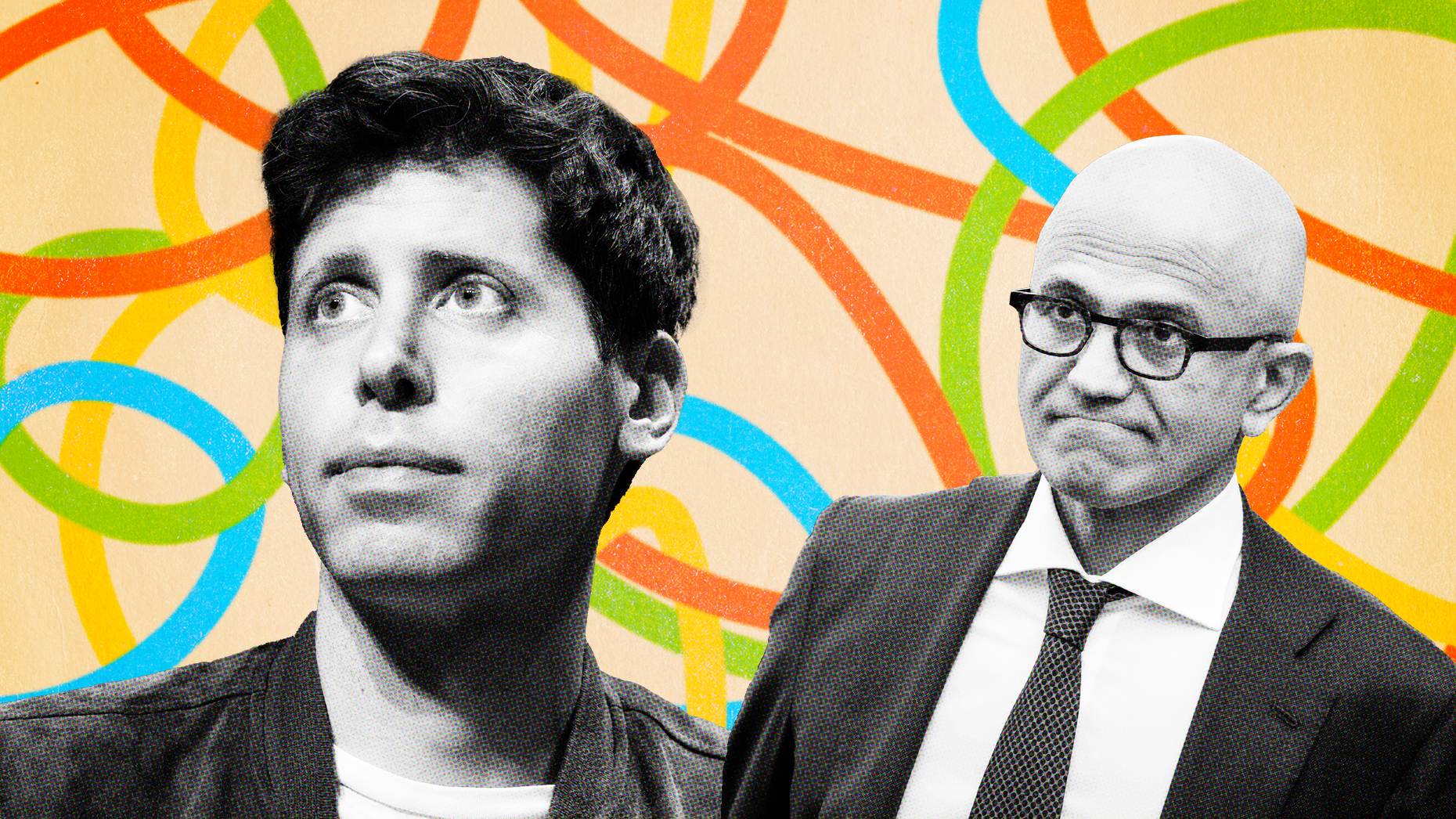 Sam Altman, left and Satya Nadella. Photos via Getty, art by Mike Sullivan