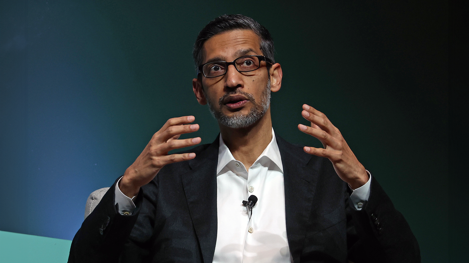 Google CEO Sundar Pichai speaking at Stanford University in April. Photo by Justin Sullivan/Getty Images.