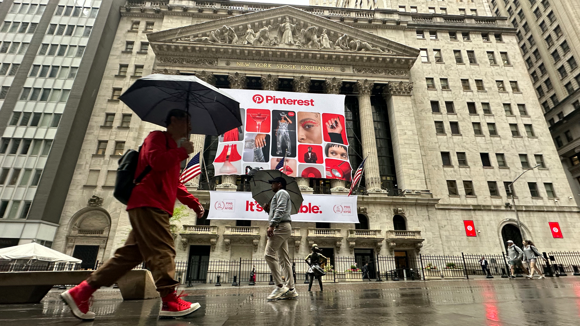 A Pinterest banner at the New York Stock Exchange on May 15, marking the fifth anniversary of the company's listing. Photo via AP.