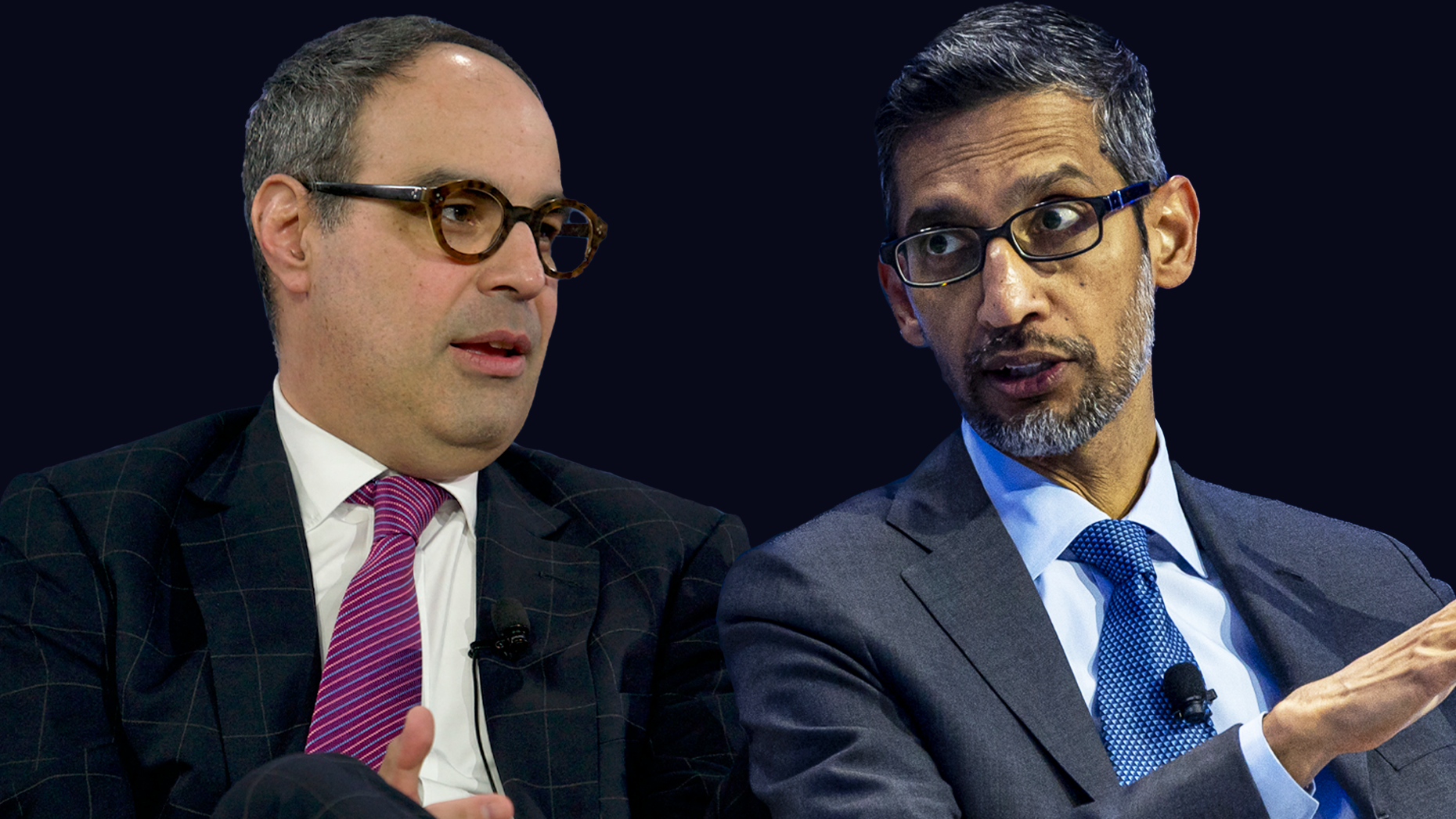 DOJ antitrust chief Jonathan Kanter, left, and Google CEO Sundar Pichai. Photos via Getty