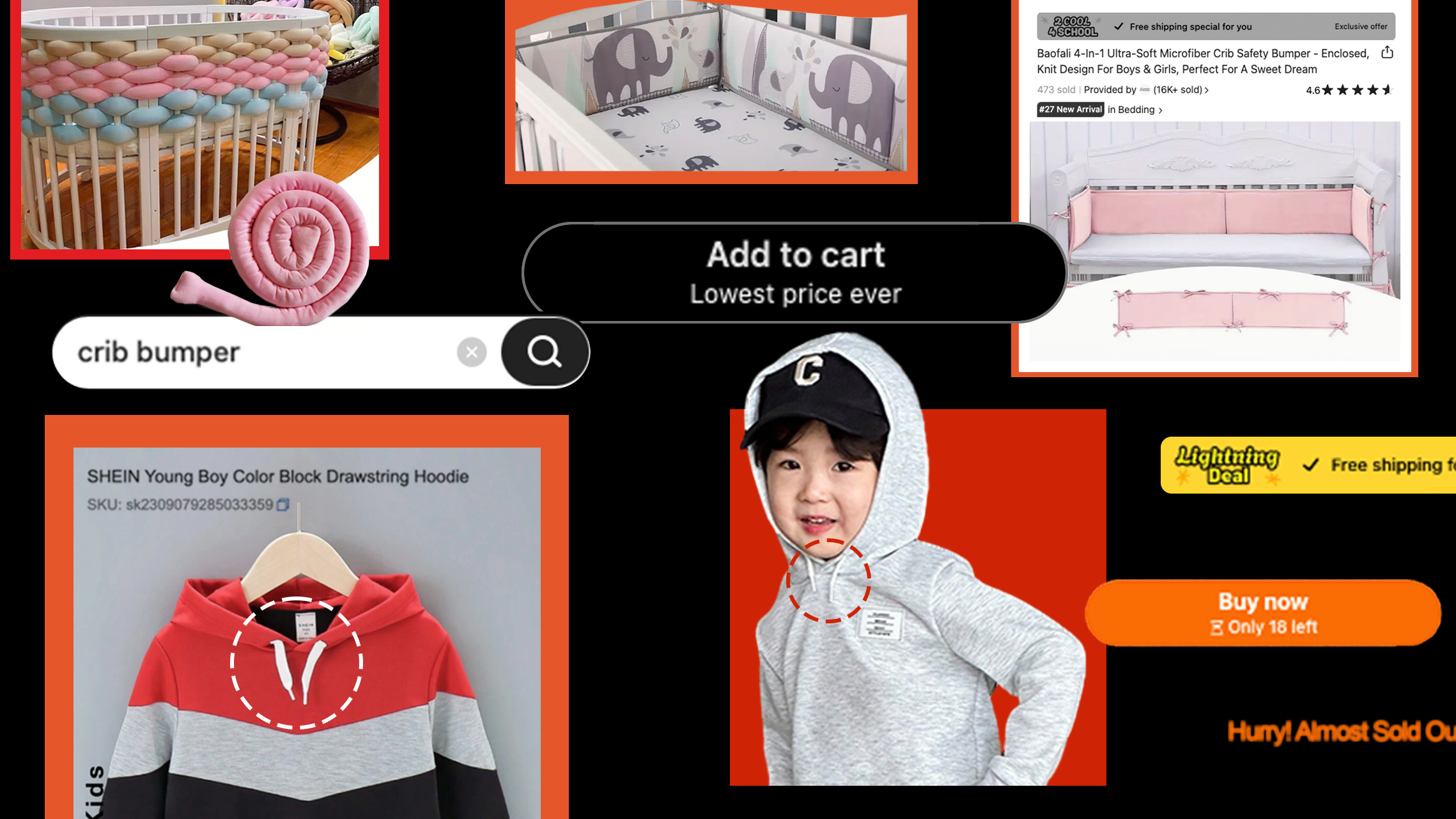 Crib bumpers and drawstring hoodies, which U.S. regulators say pose health hazards to youth, on Temu and Shein's websites. Photos via Shein and Temu. Art by Shane Burke