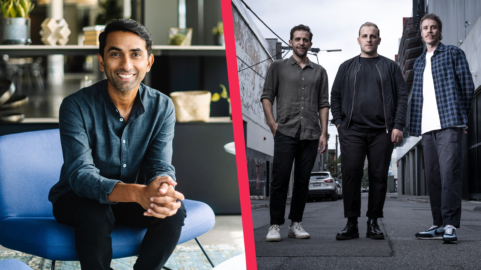 Kajabi CEO Ahad Khan and Linktree founders Anthony Zaccaria, Alex Zaccaria and Nick Humphreys. Photos via Kajabi/Getty.