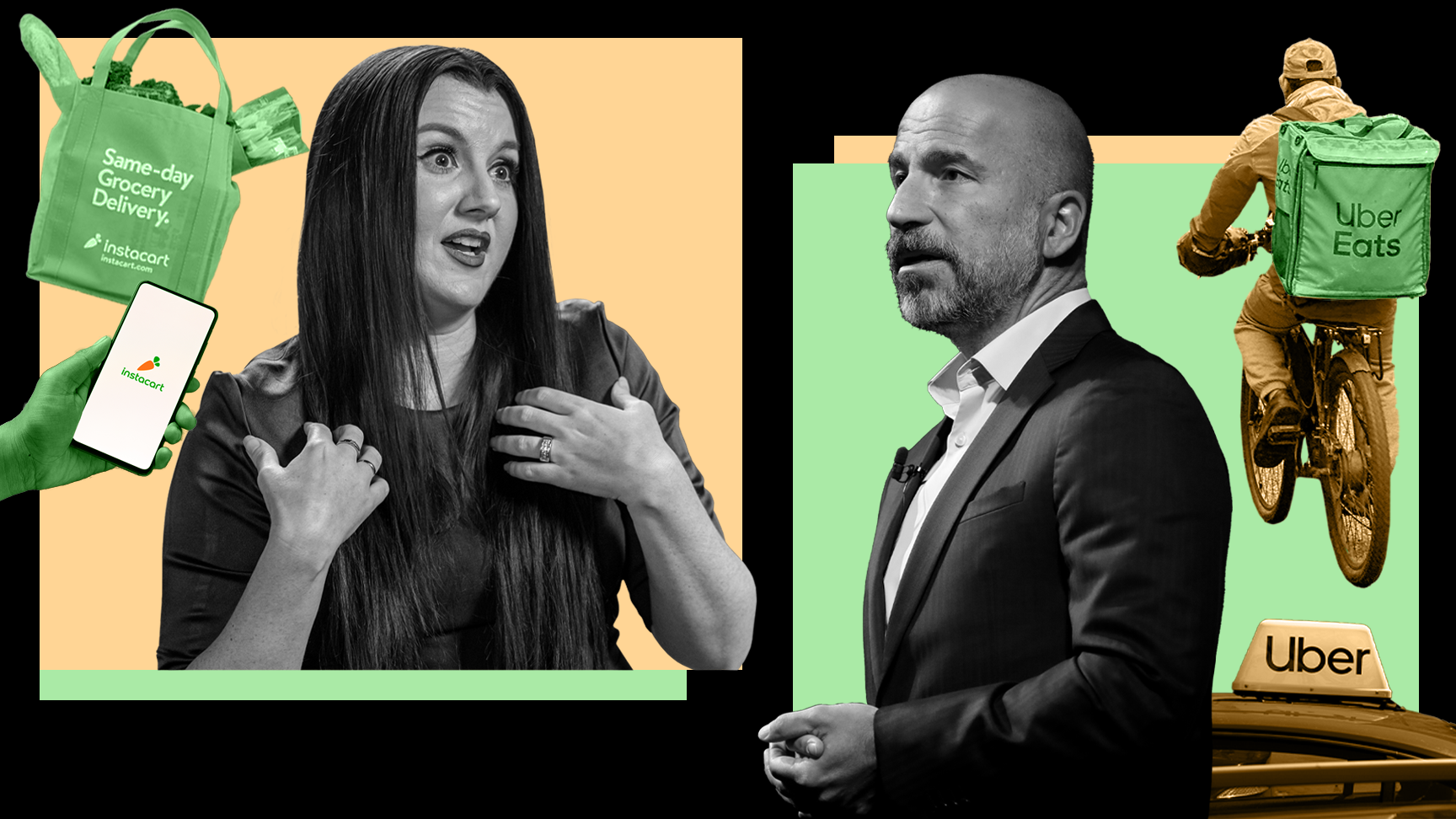 Instacart CEO, Fidji Simo, and Uber CEO, Dara Khosrowshahi. Photos via Getty.