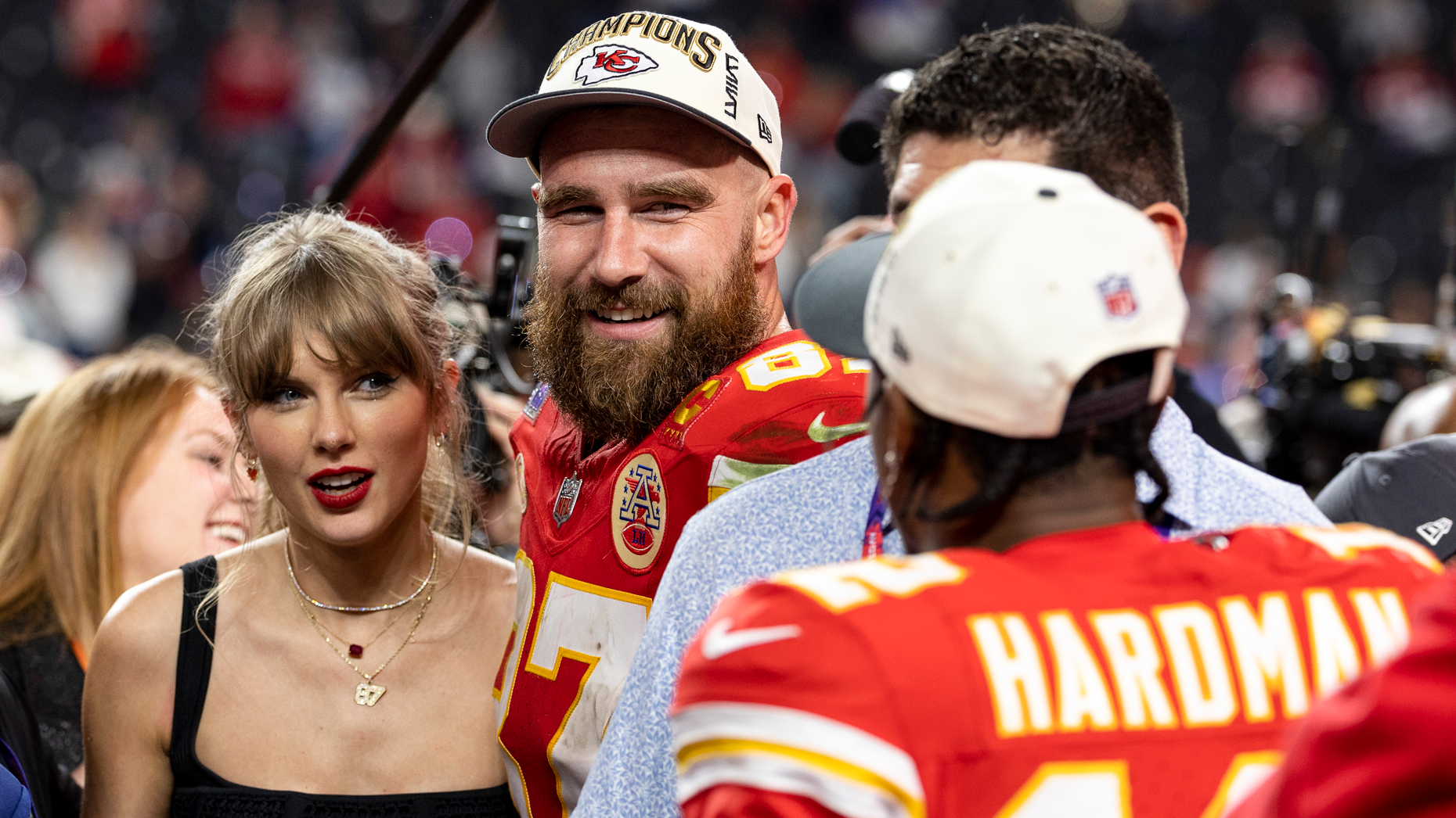 Taylor Swift and Travis Kelce after the Super Bowl in February. Photo by Michael Owens/Getty Images.