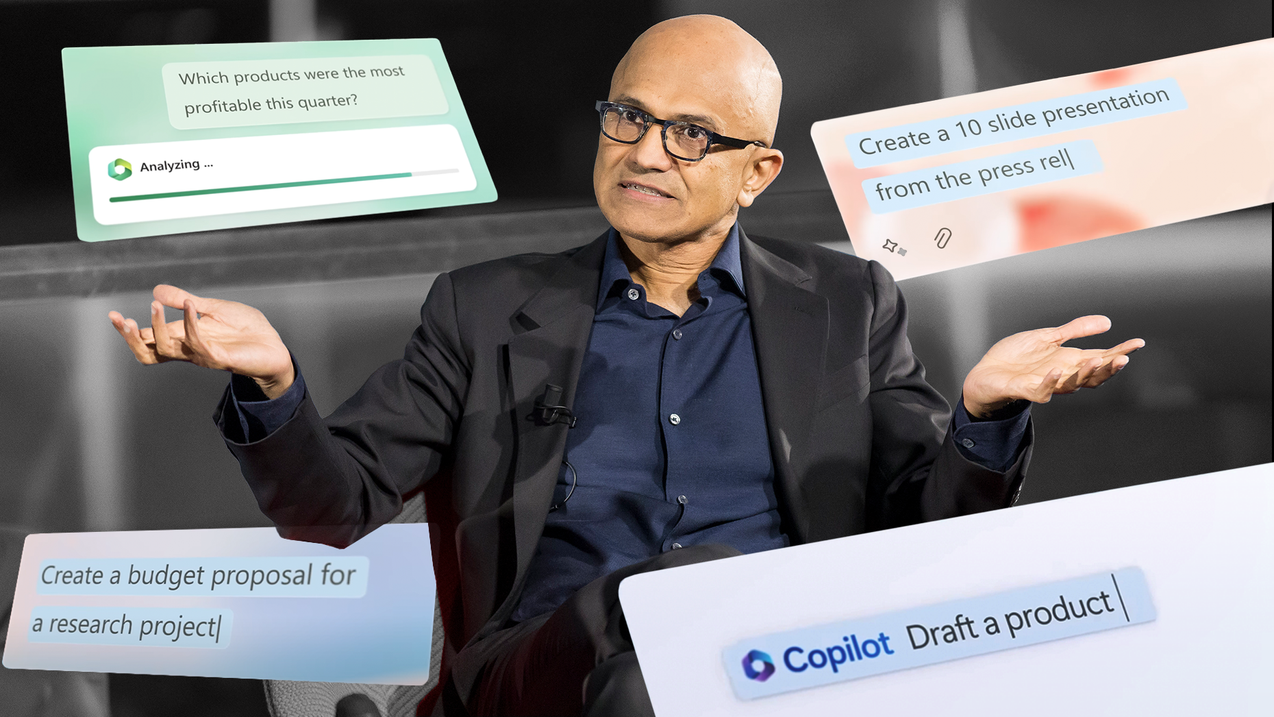 Microsoft CEO Satya Nadella and prompts from Microsoft's Copilot 365 demo videos. Photos via Getty/Microsoft