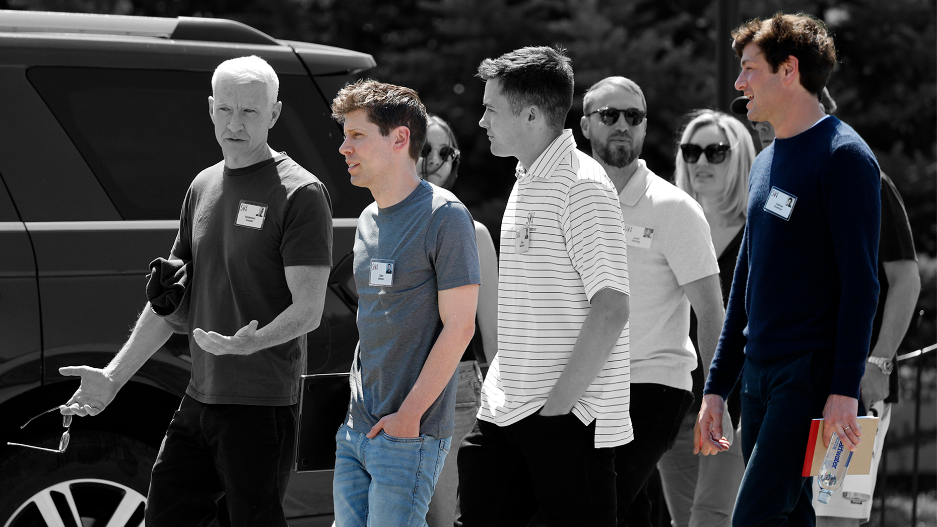 OpenAI CEO Sam Altman, second from left, and Thrive Capital founder Josh Kushner, far right, at the Sun Valley conference in July. Photo by Getty.