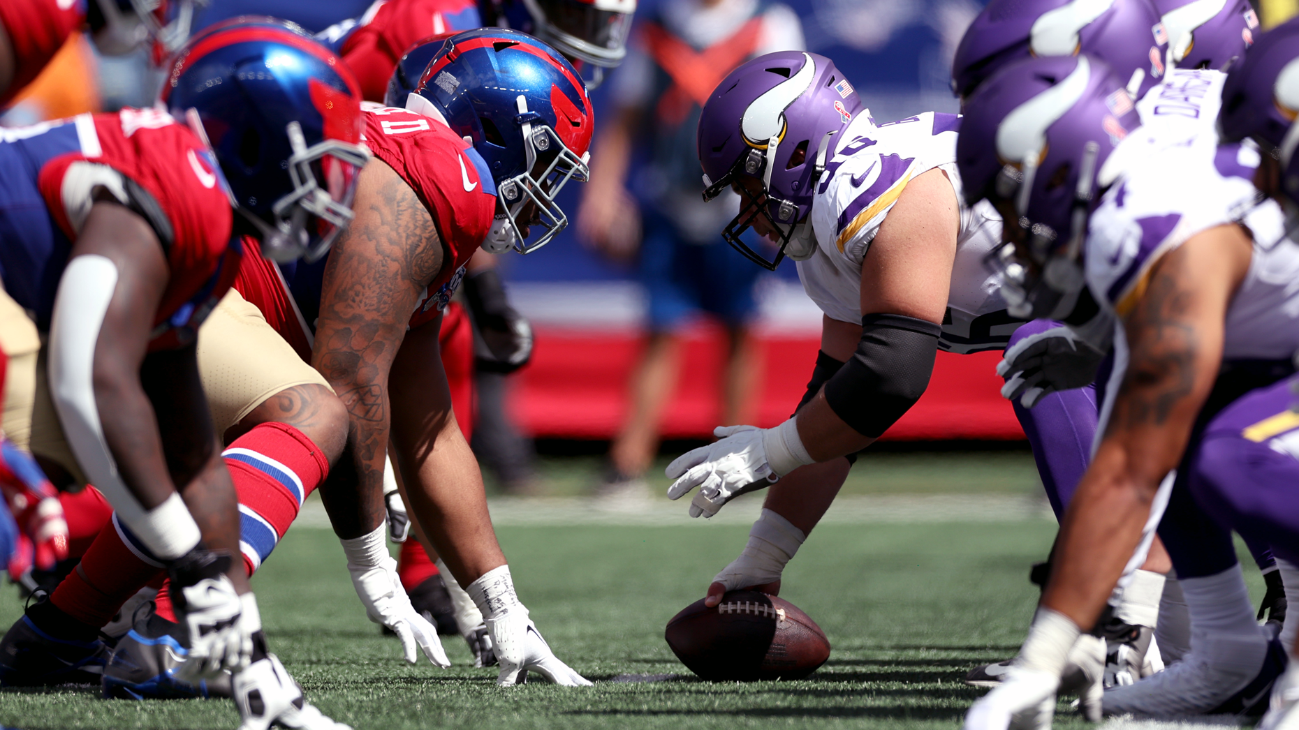 The New York Giants and Minnesota Vikings playing at MetLife Stadium on Saturday. Photo by Luke Hales/Getty.