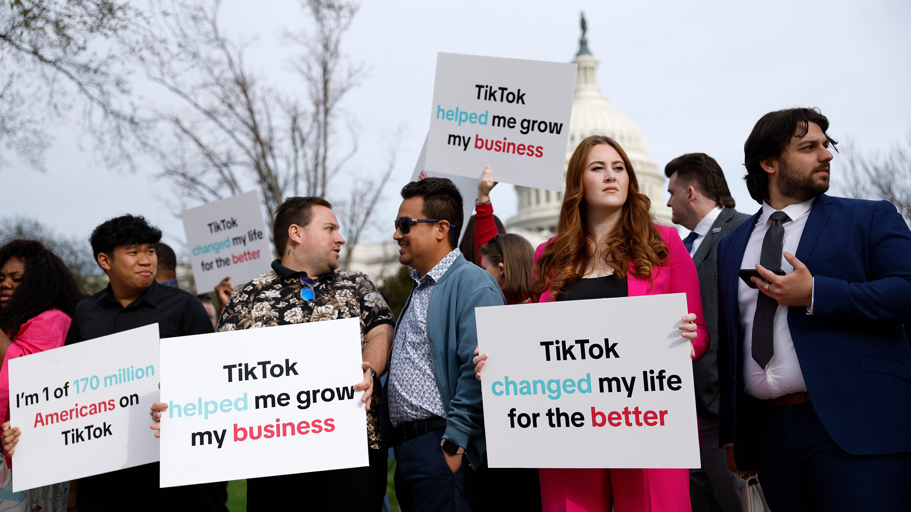 Demonstrators hold signs in support of TikTok outside the U.S. Capitol Building in Washington, D.C. in March. Photo by Anna Moneymaker/Getty Images.