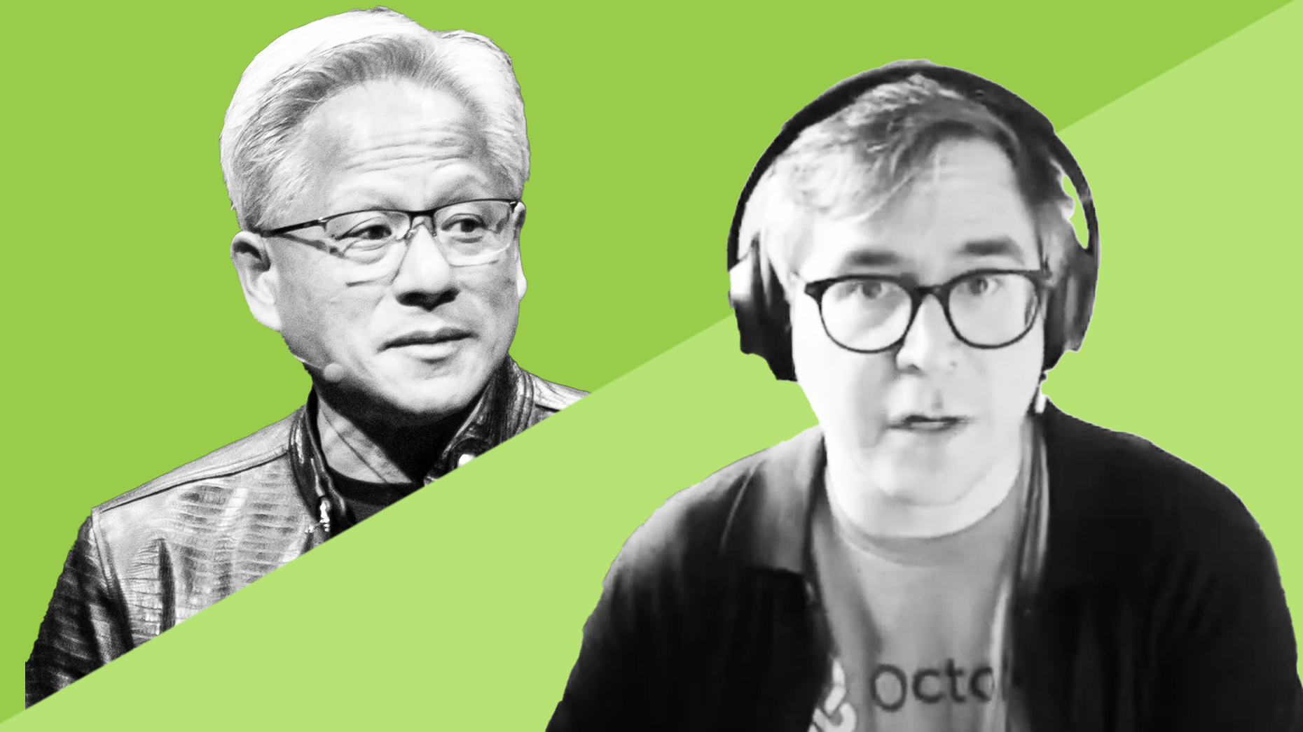 Nvidia CEO Jensen Huang, left, and Octo.AI CEO Luis Ceze. Photo by Getty; screenshot via YouTube.
