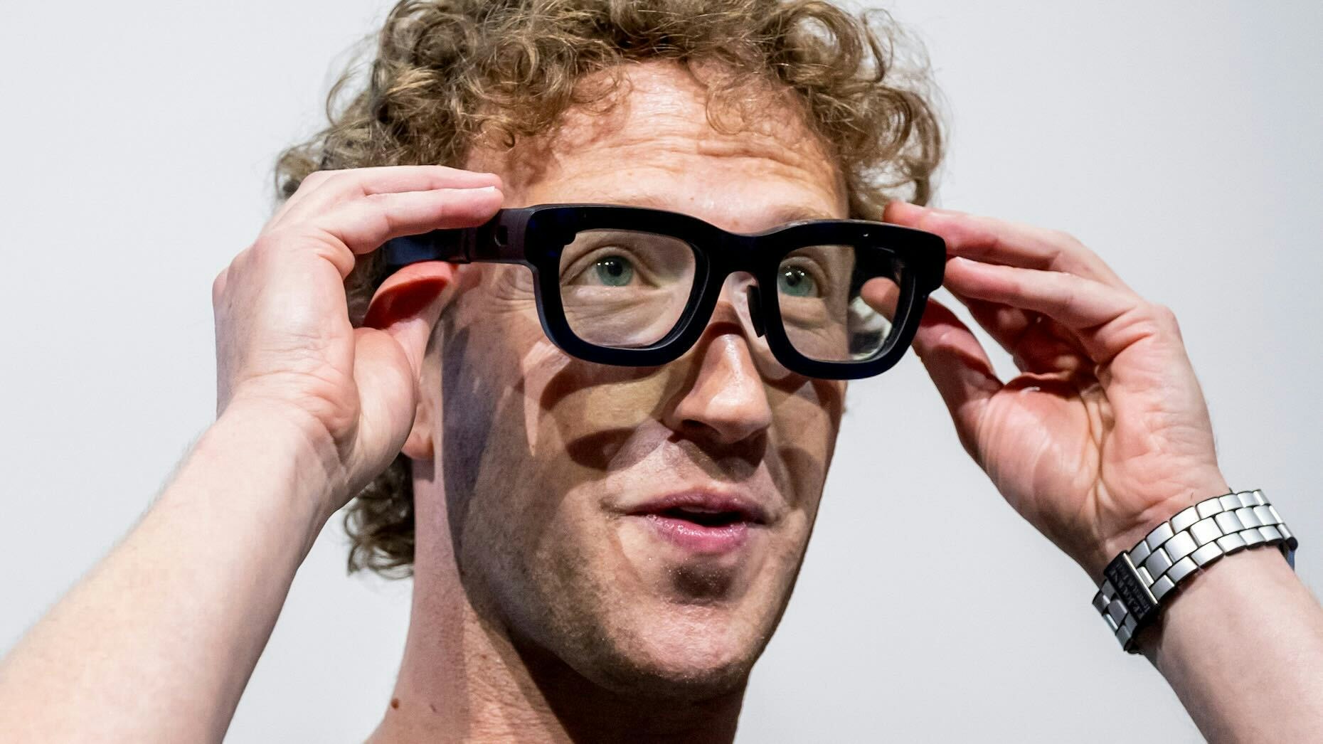 Mark Zuckerberg wearing prototype AR glasses at Meta Connect on Wednesday. Photo by Bloomberg via Getty.