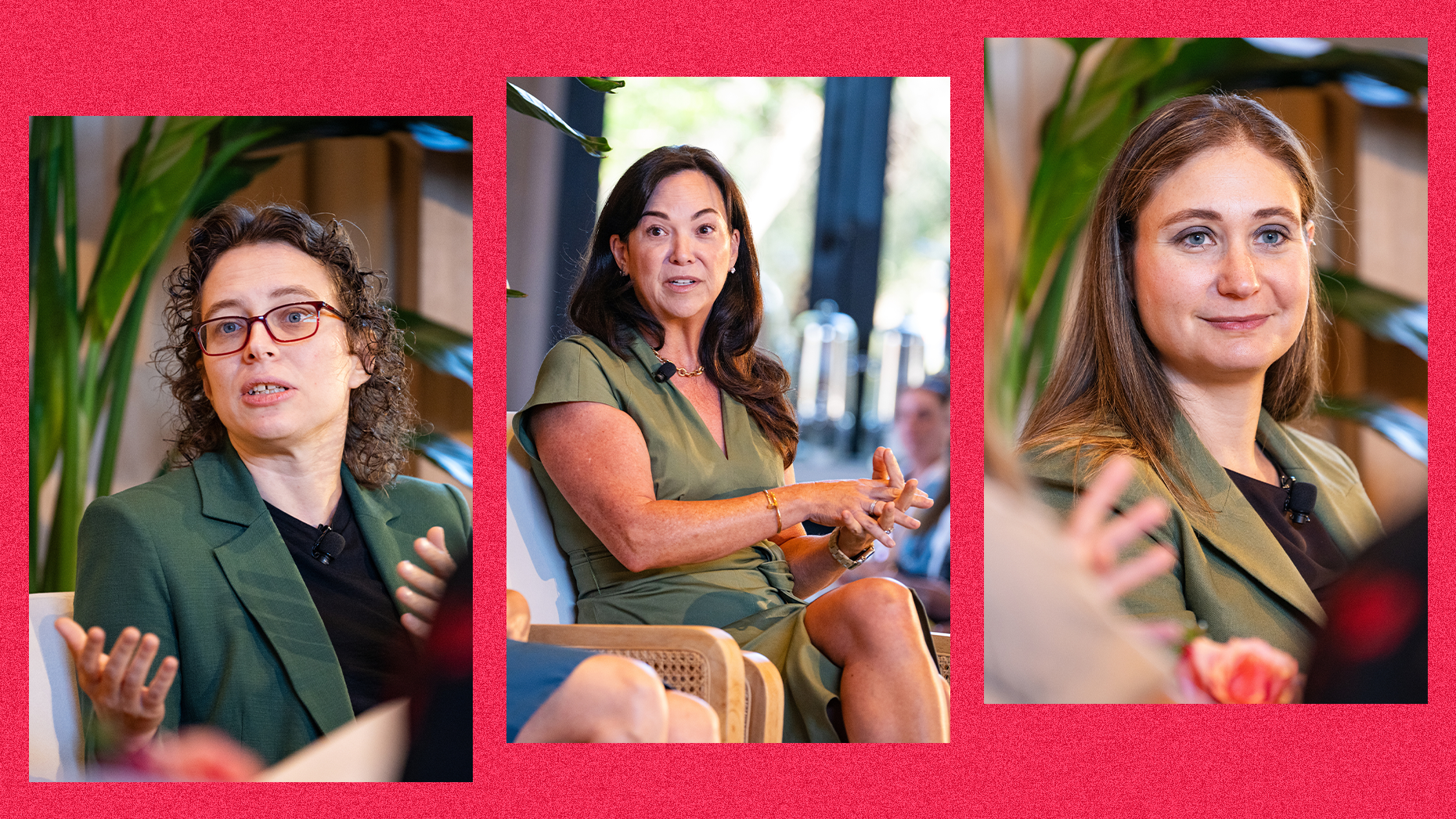 Speakers at The Information's 2024 WTF conference. Left to right: Liz Reid, VP and Head of Search at Google; Jennifer Tejada, CEO and Chairperson at PagerDuty; and Daniela Amodei, President and co-founder of Anthropic. Photos by Erin Beach for the Information.