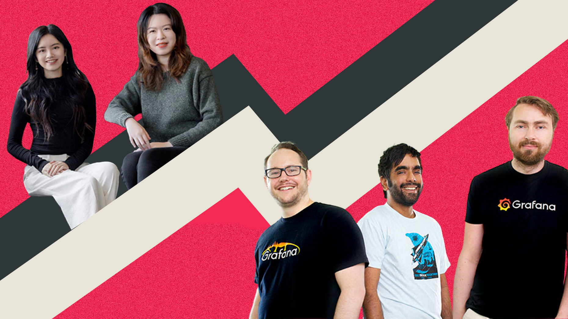 Left, Demi Guo and Chenlin Meng, the co-founders of Pika. Right, Anthony Woods, Raj Dutt and Torkel Ödegaard, co-founders of Grafana Labs.  Photos via Lightspeed Venture Partners.