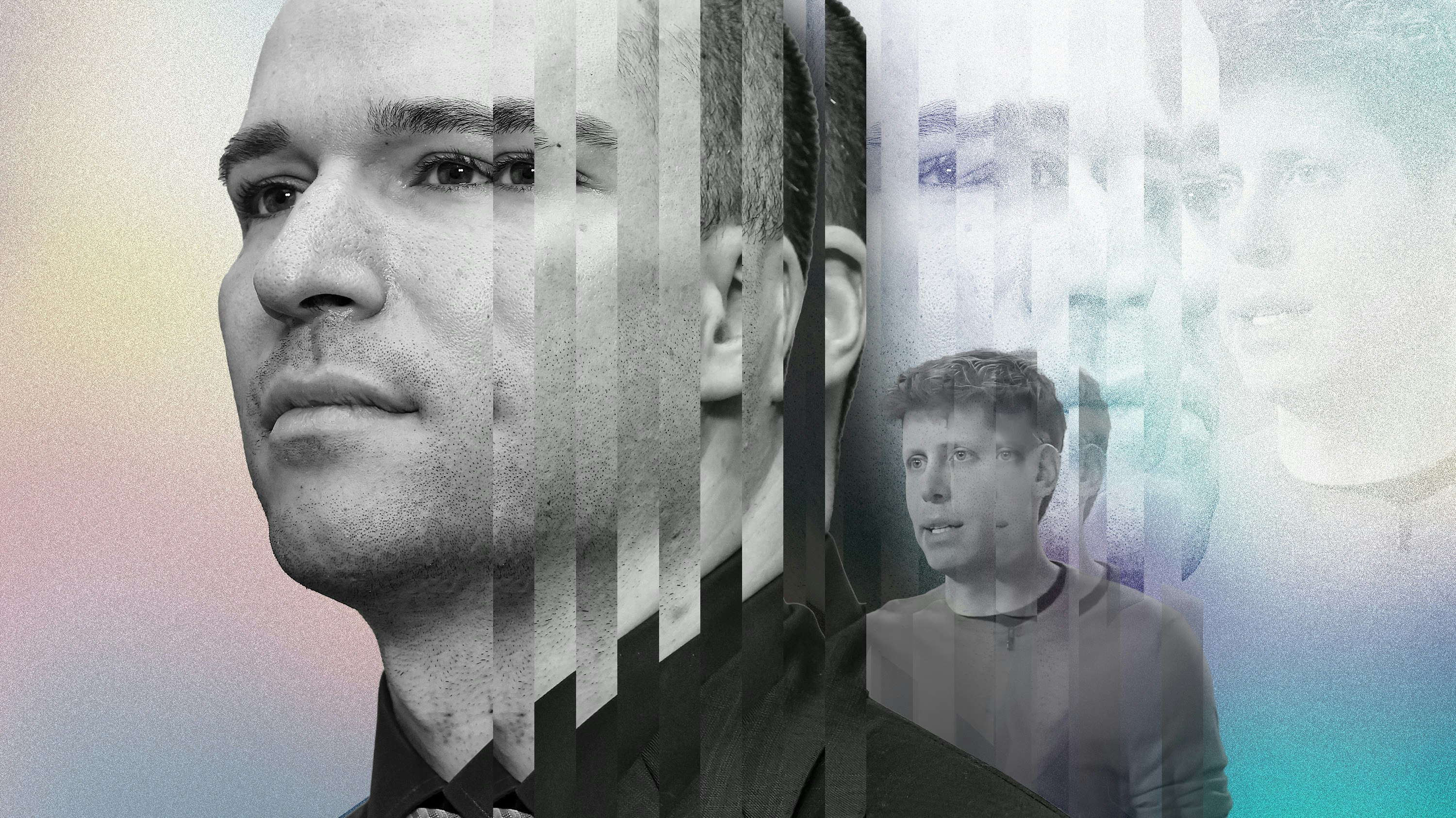 Greg Brockman (left) and Sam Altman. Art by Clark Miller. Brockman image via Getty; Altman via YouTube