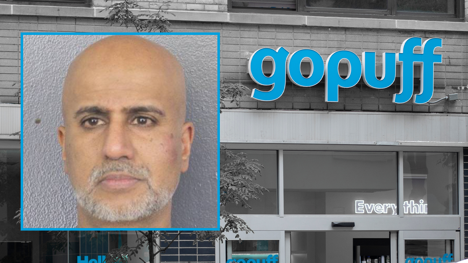 GoPuff's fired CTO, Sree Kotay. Photos via Broward County Mugshots (Instagram) and Shutterstock.