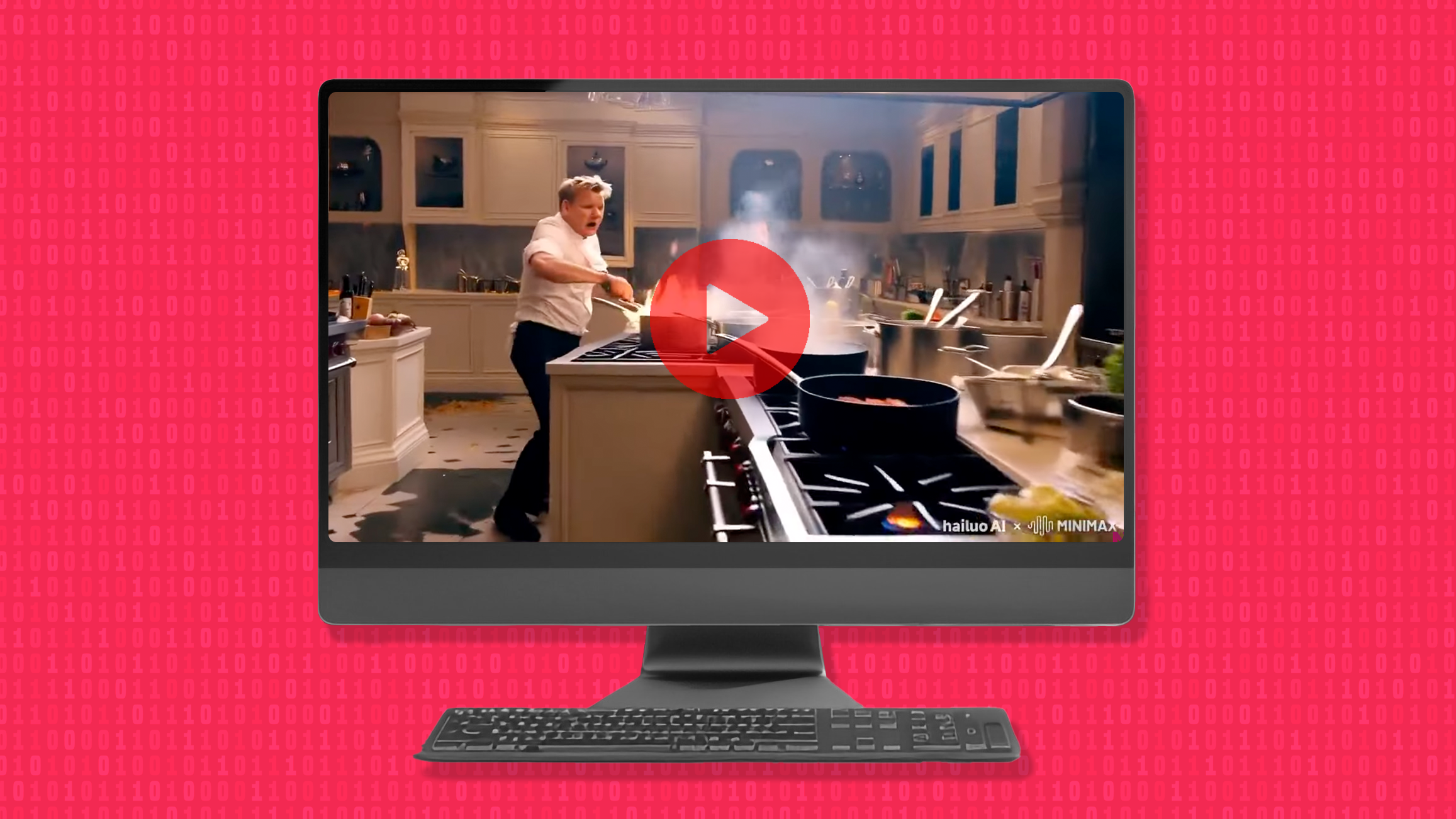 Screenshot from viral AI-generated video of Gordon Ramsay made on Hailuo. Photos via YouTube/Adobe.