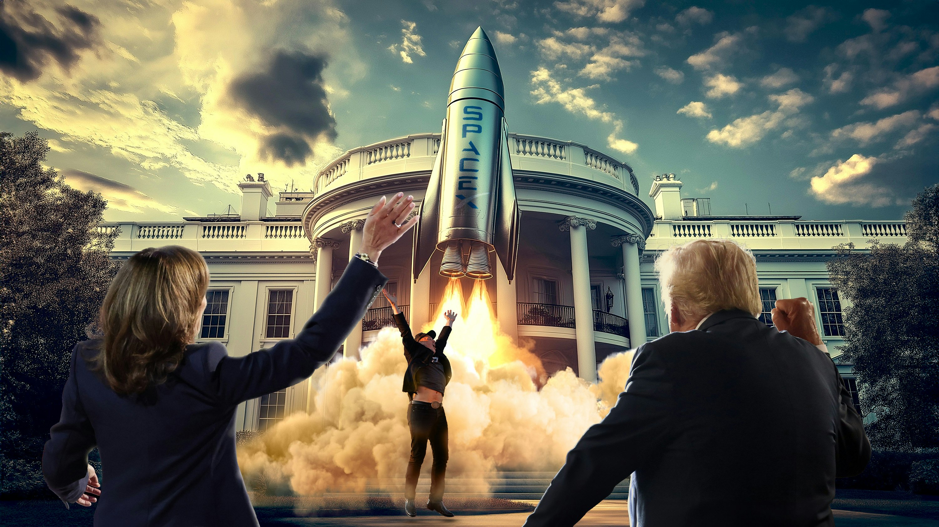 Art by Clark Miller; Harris, Musk, Trump images via Getty.