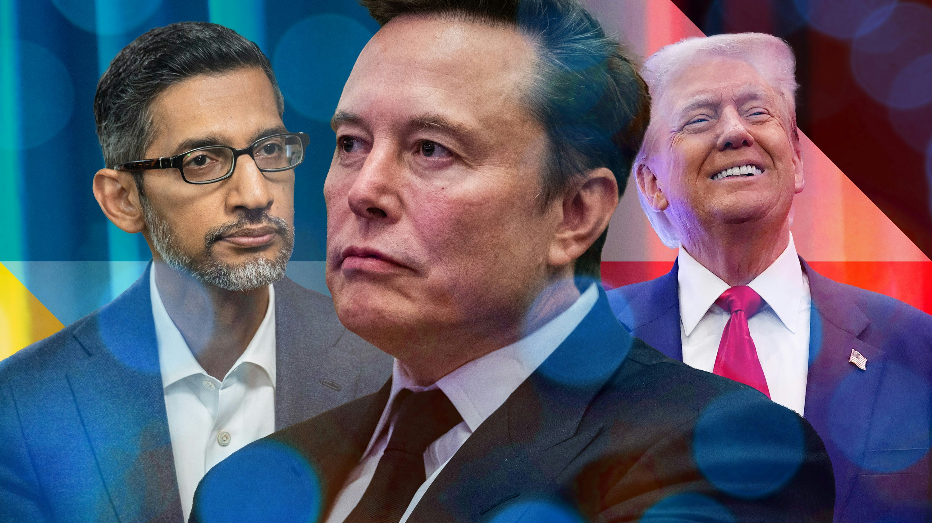 Google Sundar Pichai, Tesla CEO Elon Musk and President-Elect Donald Trump via Getty. Art by Clark Miller