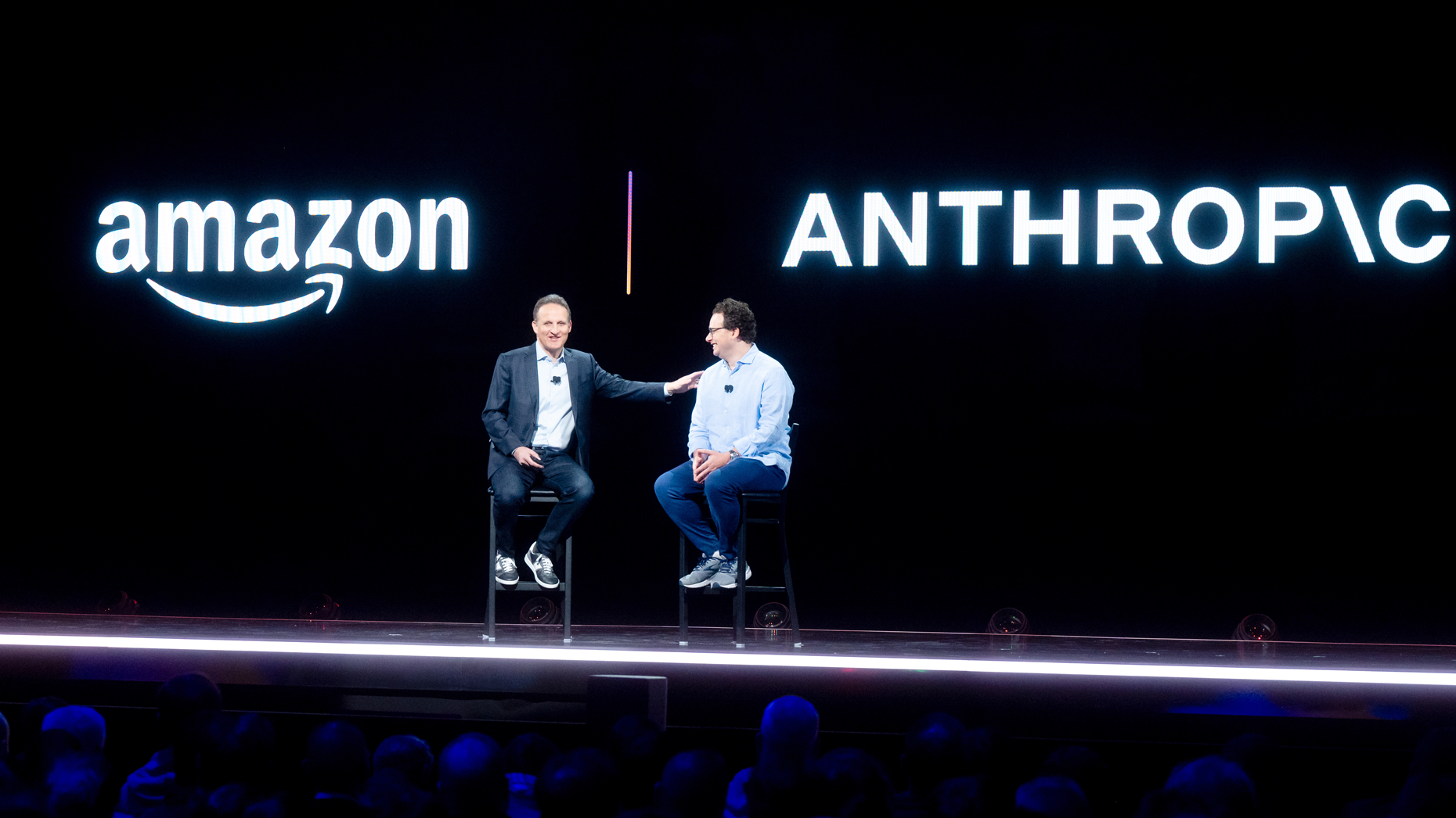 Former AWS CEO Adam Selipsky and Anthropic CEO Dario Amodei during AWS re:Invent 2023 last November. Photo via Getty.