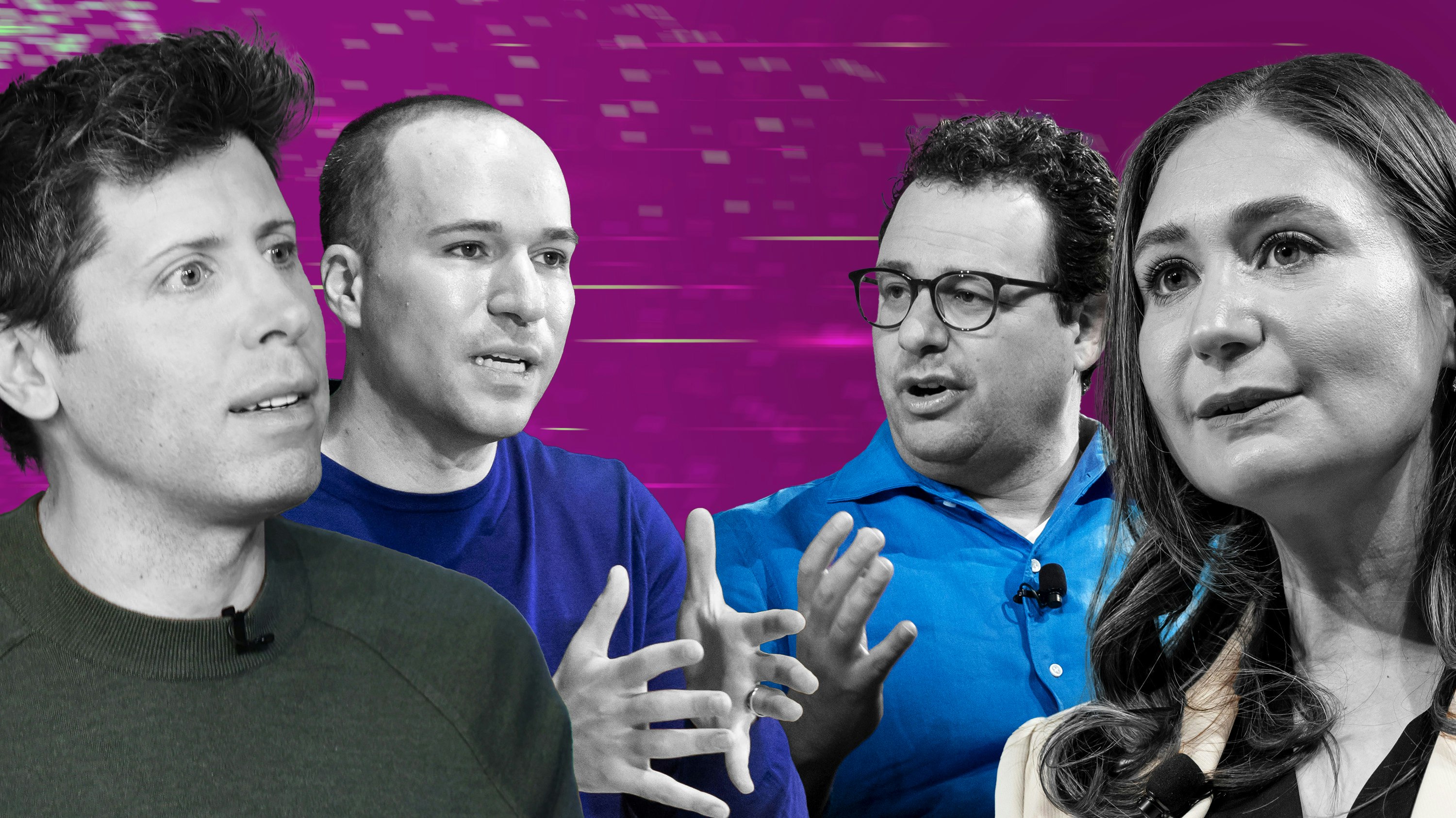 From left, OpenAI's Sam Altman and Greg Brockman, Anthropic's Dario and Daniela Amodei. Photos via Getty.