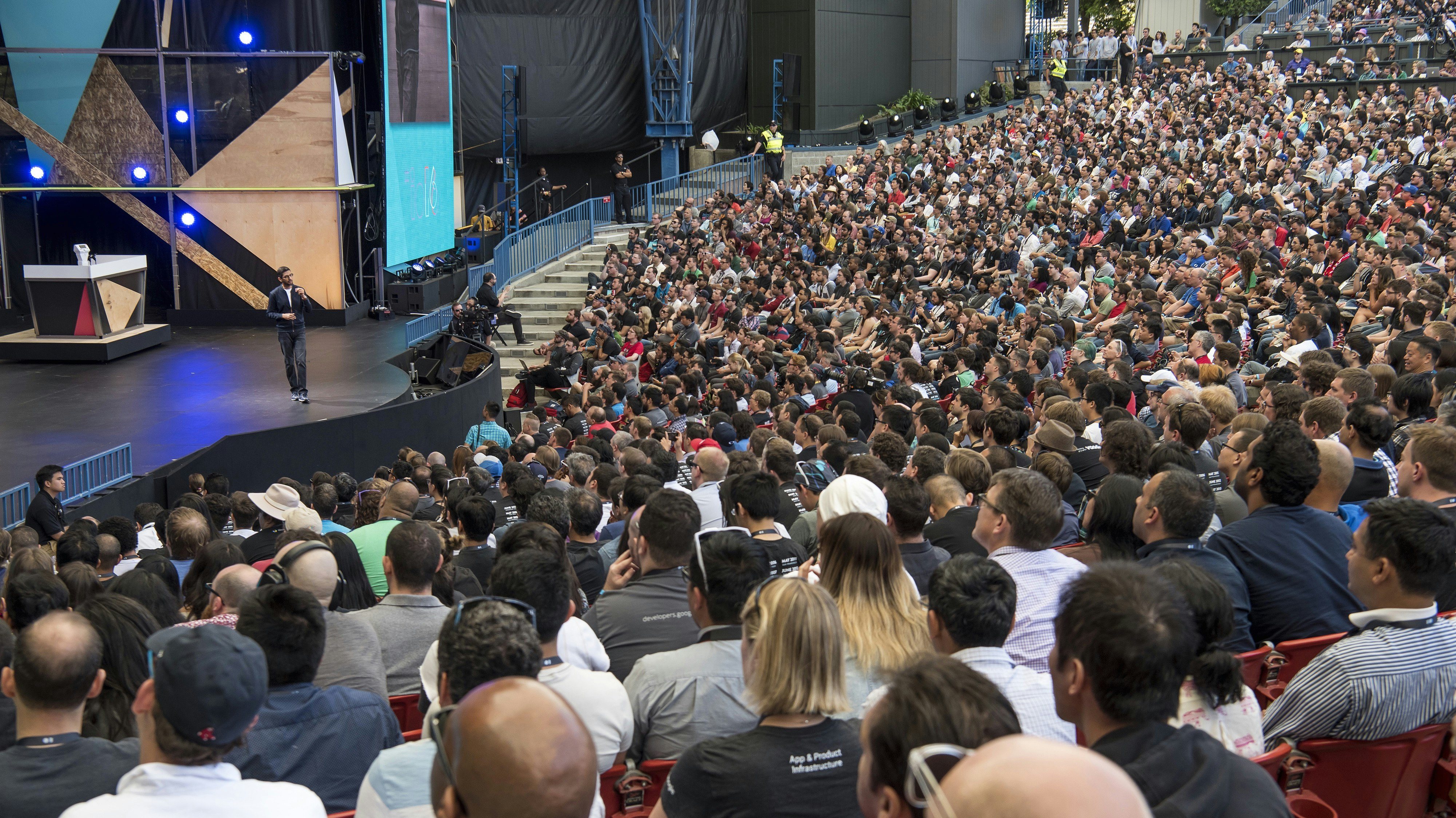 Google CEO Sundar Pichai on stage at Google I/O this month. Photo by Bloomberg.