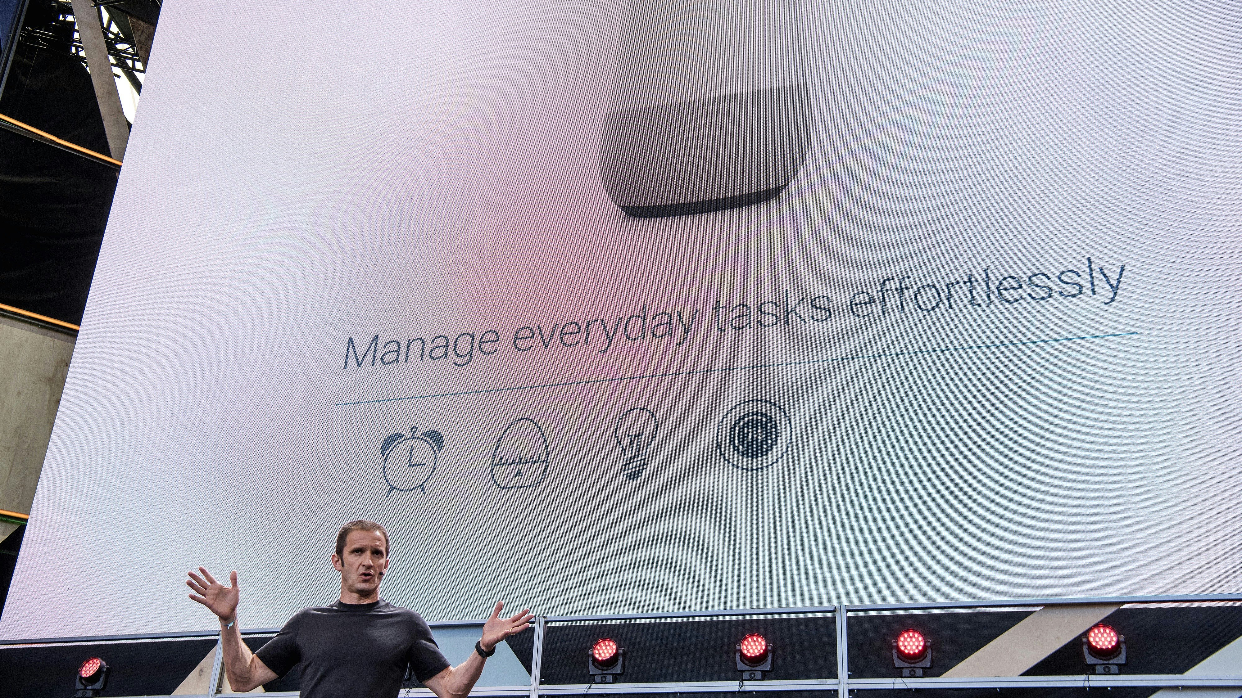 Google's Vice President of Product Management, Mario Queiroz, talking about Google Home at Google I/O this month. Photo by Bloomberg.