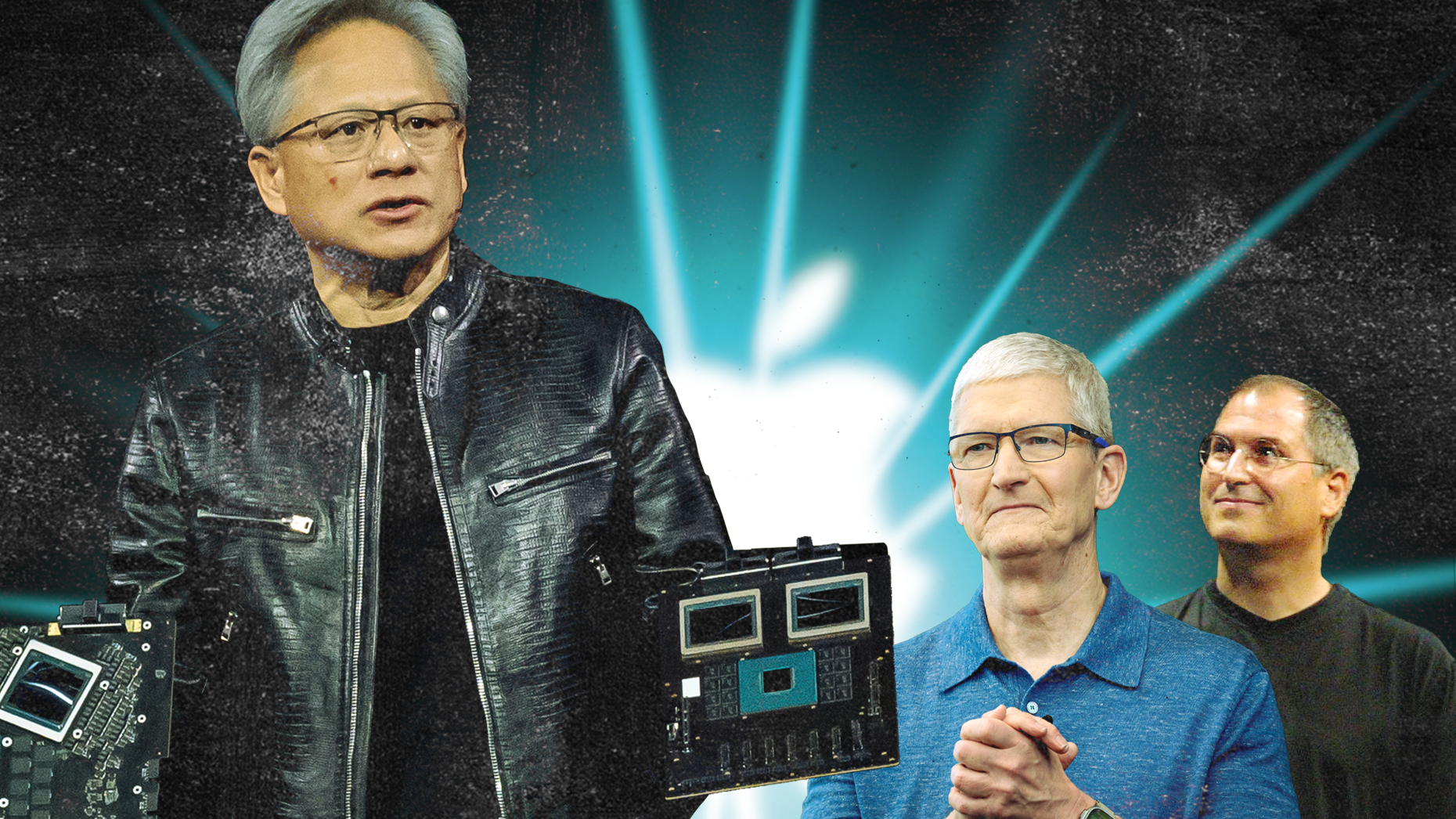 From left, Nvidia's Jensen Huang, Apple's Tim Cook and Steve Jobs