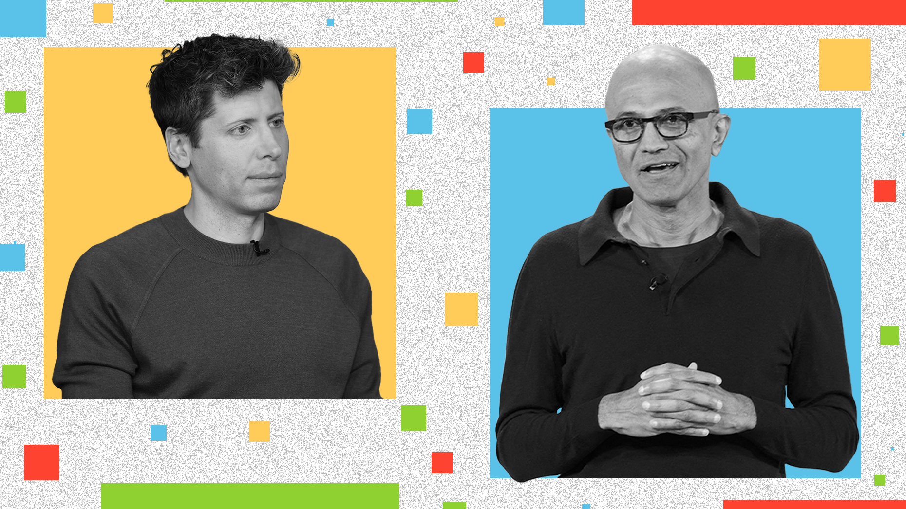 Sam Altman and Satya Nadella. Photos via Getty.