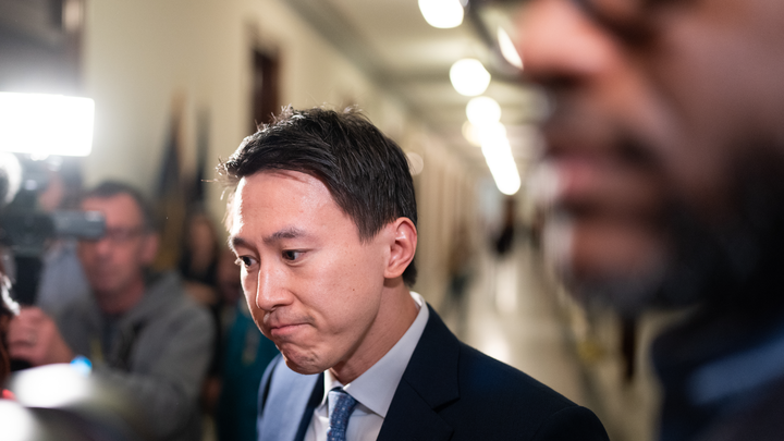 TikTok CEO Shou Zi Chew leaves a meeting in the Russell Senate Office building in March 2024. Photo via Getty.