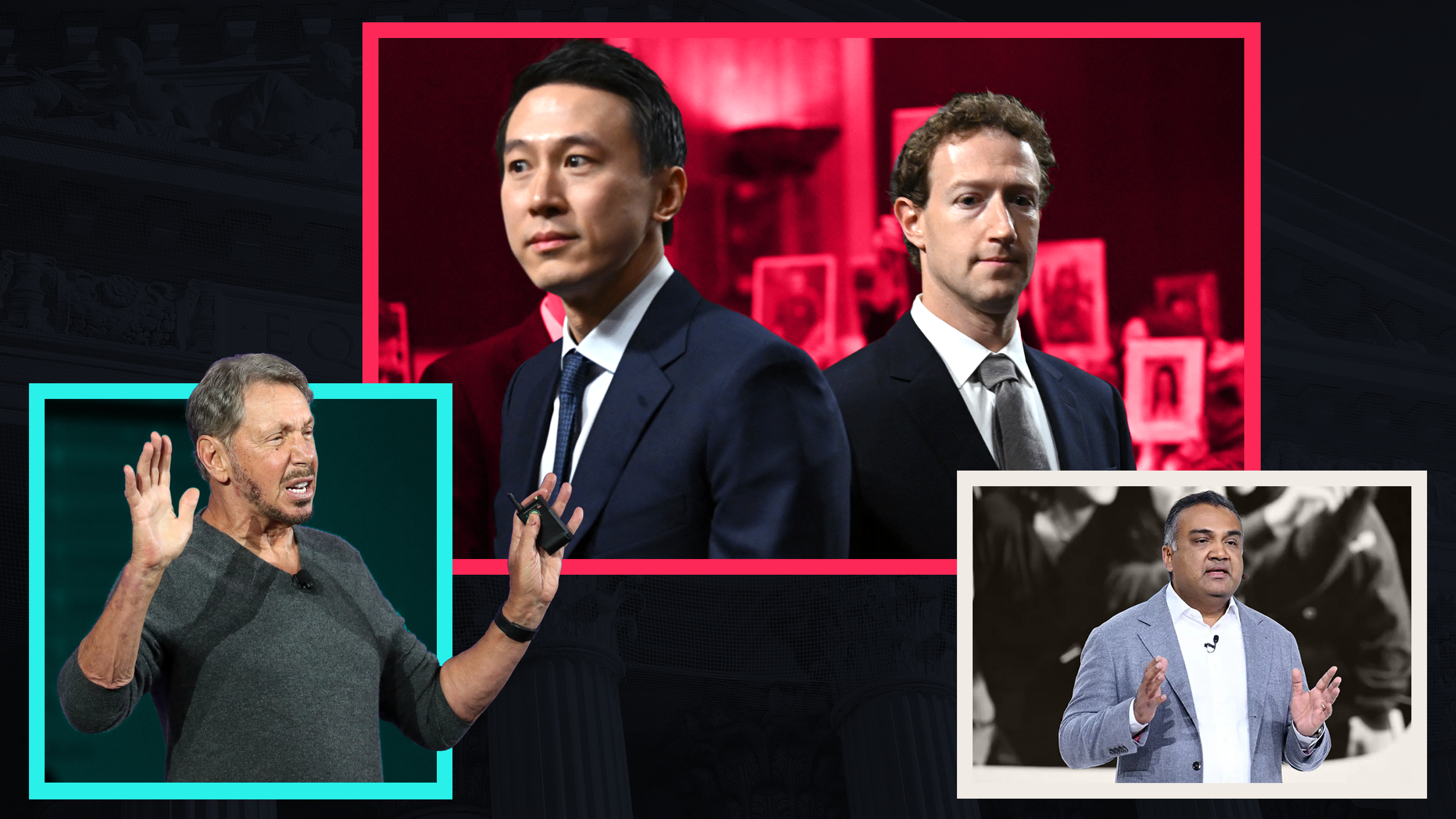 Left to right: Oracle founder Larry Ellison, TikTok CEO Shou Zi Chew, Meta CEO Mark Zuckerberg and YouTube CEO Neal Mohan. Photos via Getty.