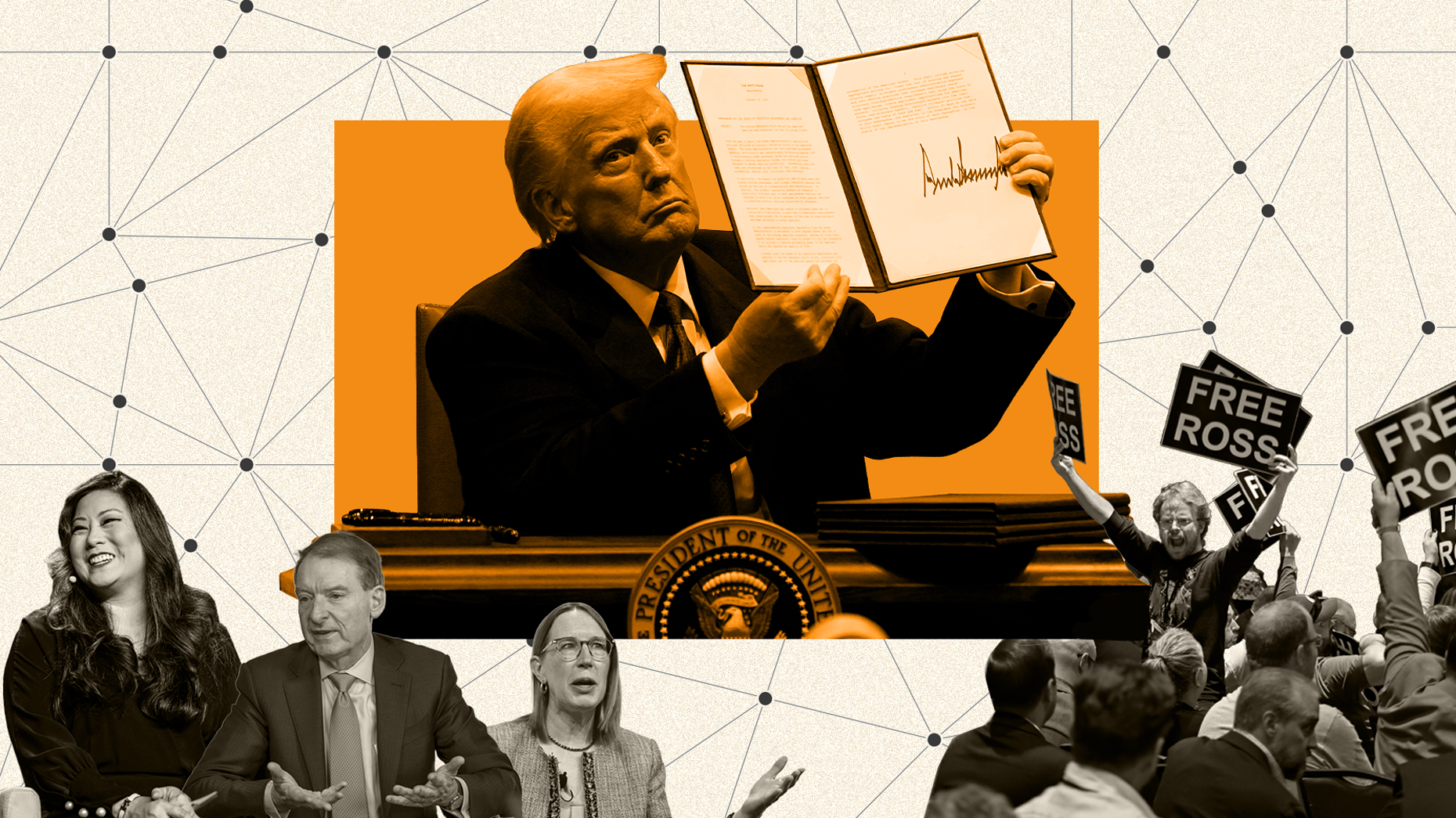 Left to right: Incoming crypto-friendly Trump appointees Caroline Pham, Paul Atkins, and Hester Peirce; President Trump; and protestors for the release of Silk Road founder Ross Ulbricht. Photos via Getty.