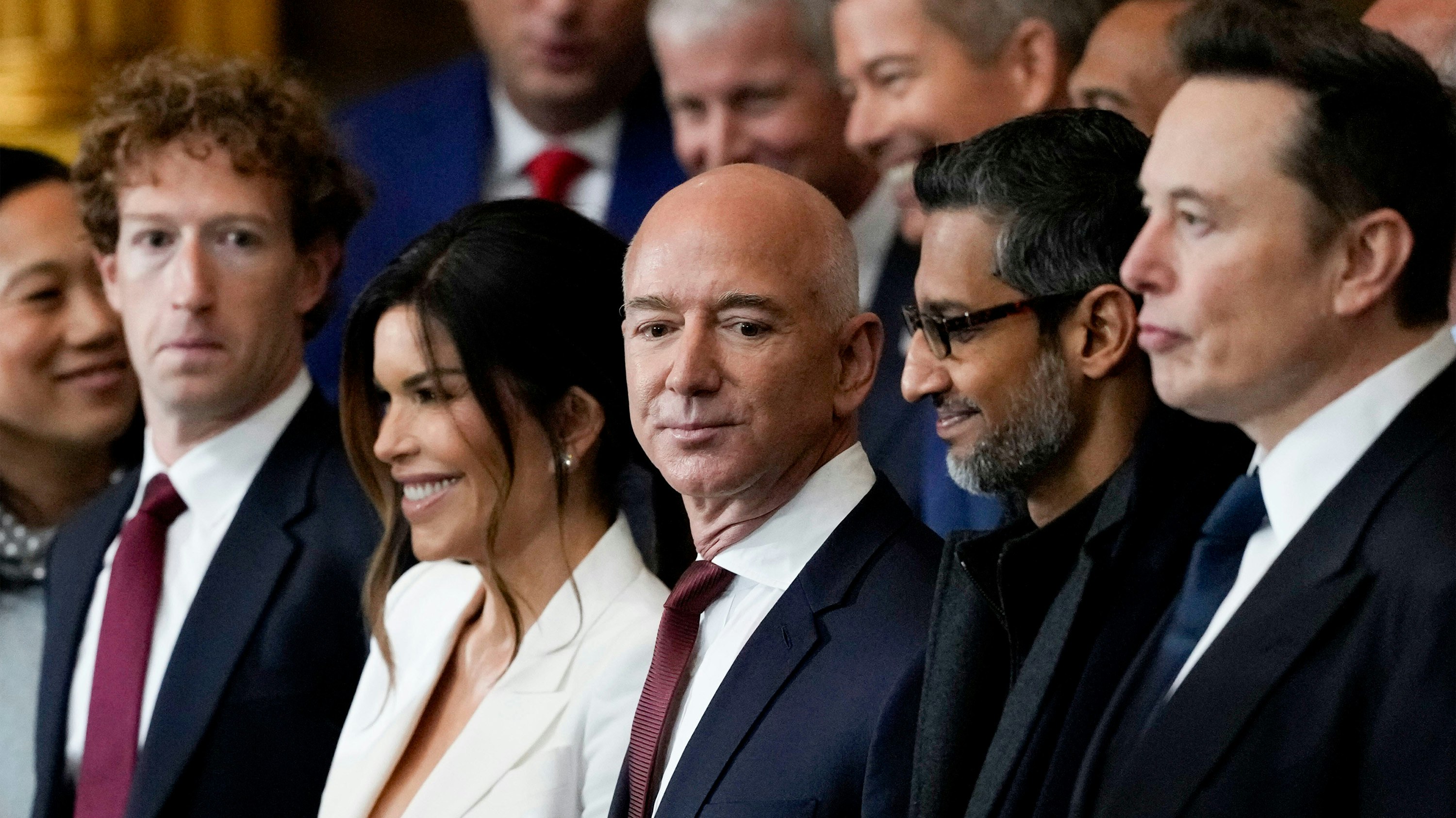 Mark Zuckerberg, Lauren Sanchez, Jeff Bezos, Sundar Pichai and Elon Musk at Donald Trump's inauguration on Monday. Photo by Getty