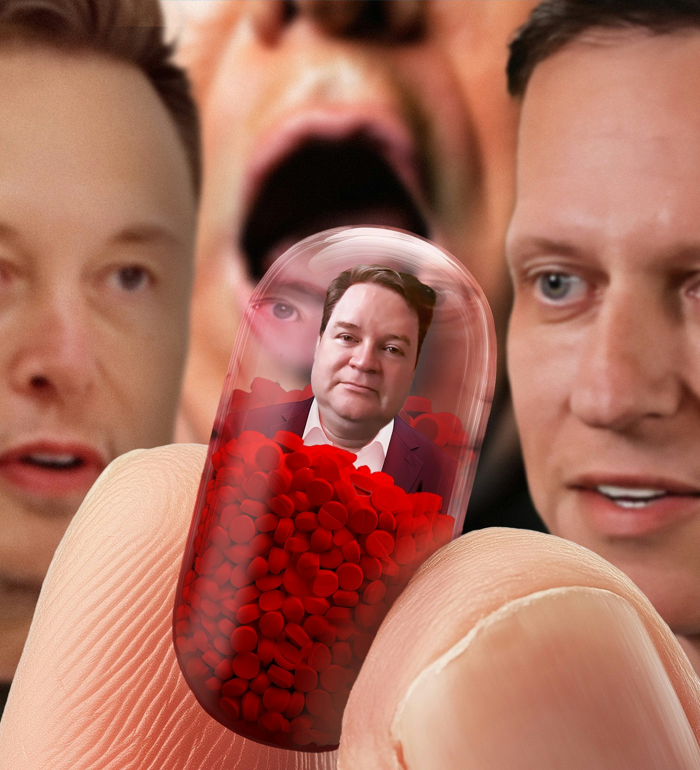 Photos of Elon Musk (from left), Jim O’Neill and Peter Thiel via YouTube screenshots. Art by Clark Miller