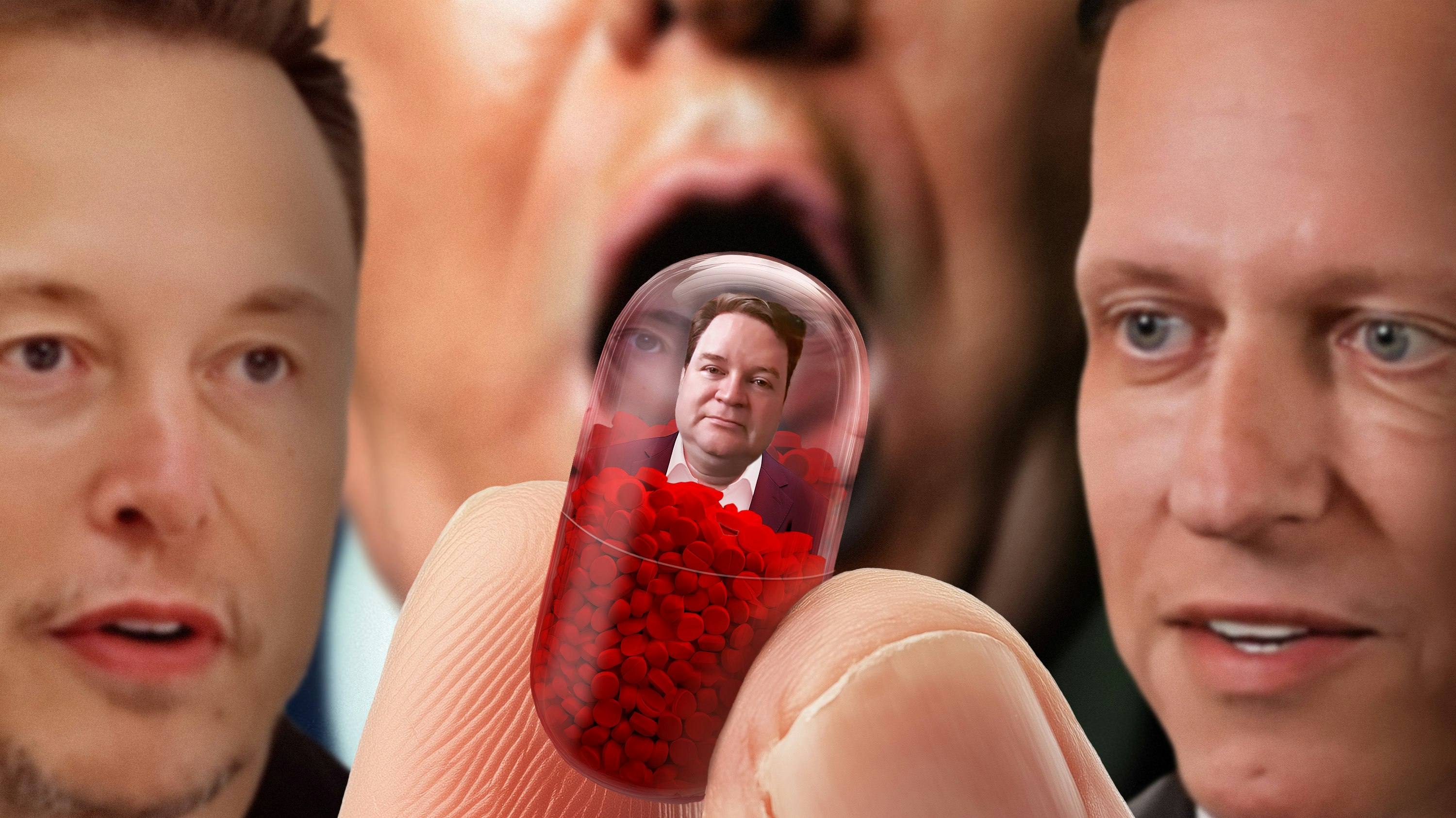 Photos of Elon Musk (from left), Jim O’Neill and Peter Thiel via YouTube screenshots. Art by Clark Miller