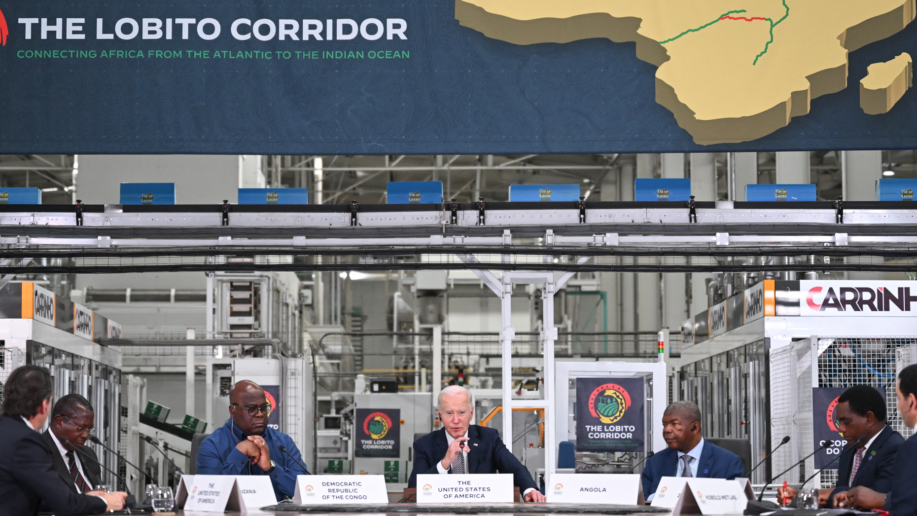 In December in Angola, Biden inaugurates U.S. funding for the Lobito railway corridor. With him, left to right: Tanzania Vice-President Philip Isdor Mpango; President Felix Tshisekedi of Democratic Republic of Congo; Angola President Joao Lourenco; and Zambia President Hakainde Hichilema. Photo: Getty.