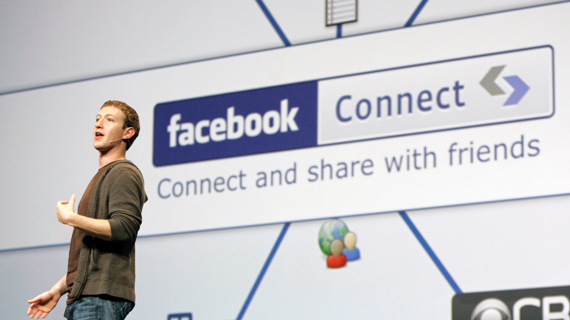 Mark Zuckerberg introducing Facebook Connect in 2010. Photo via AP.