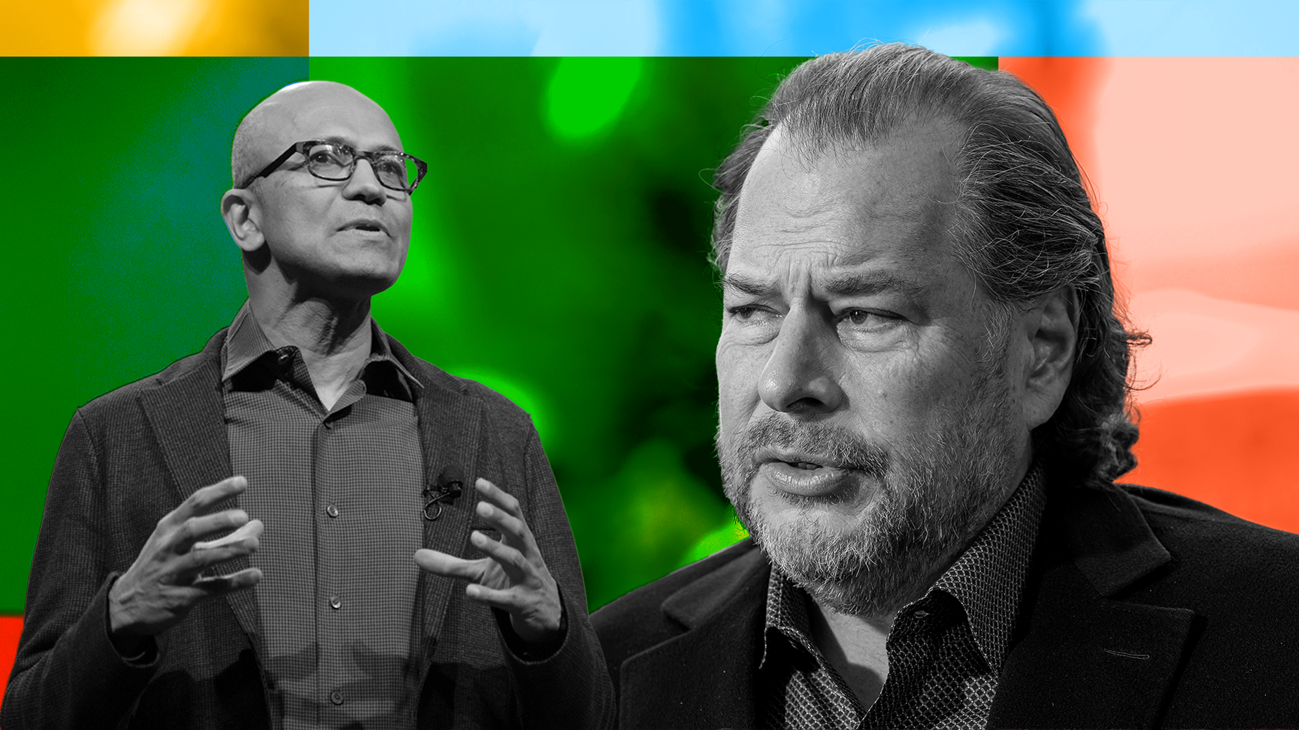Microsoft CEO Satya Nadella and Salesforce CEO Marc Benioff. Photos via Getty.