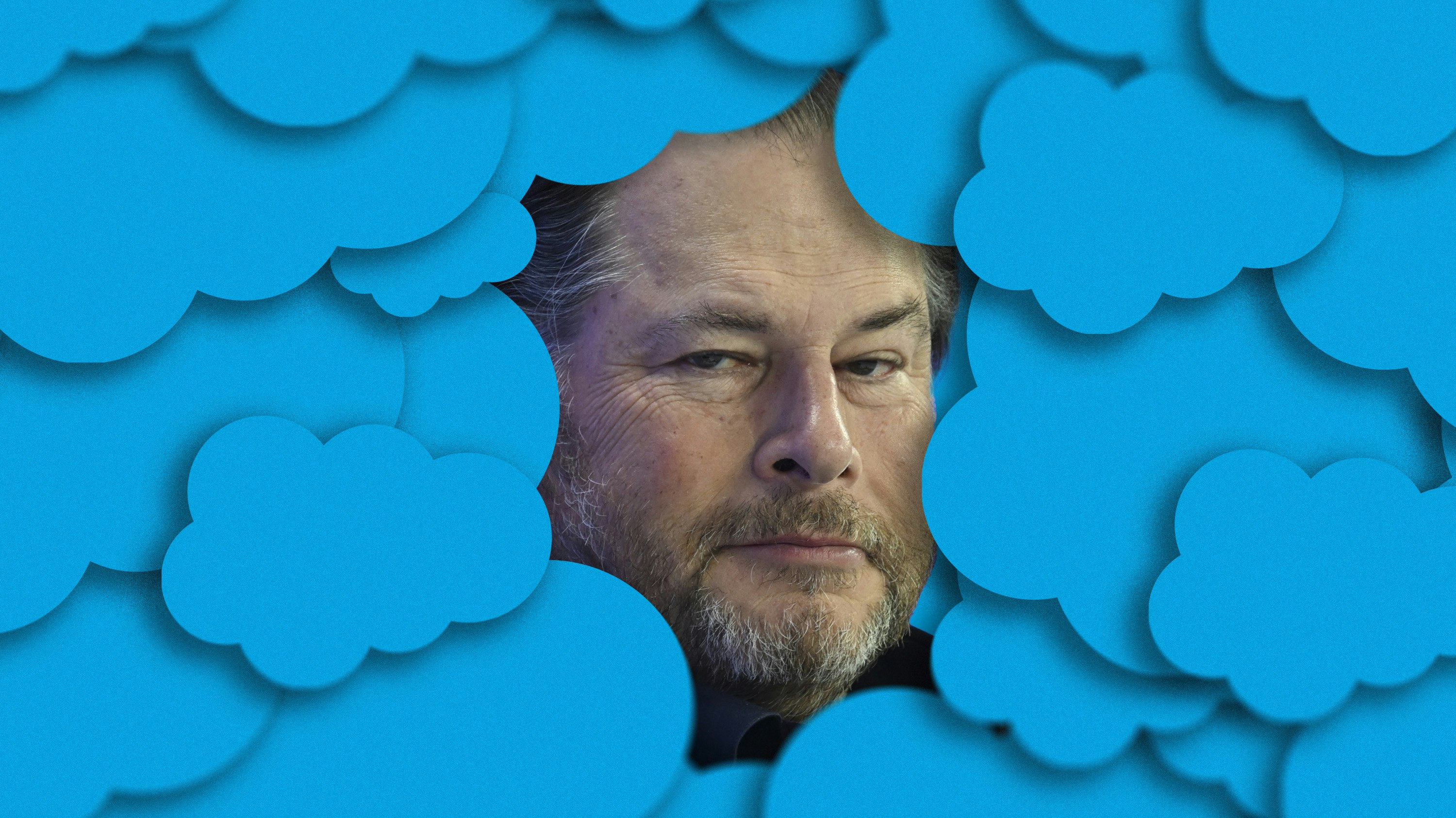 Salesforce CEO Marc Benioff via Getty. Art by Clark Miller